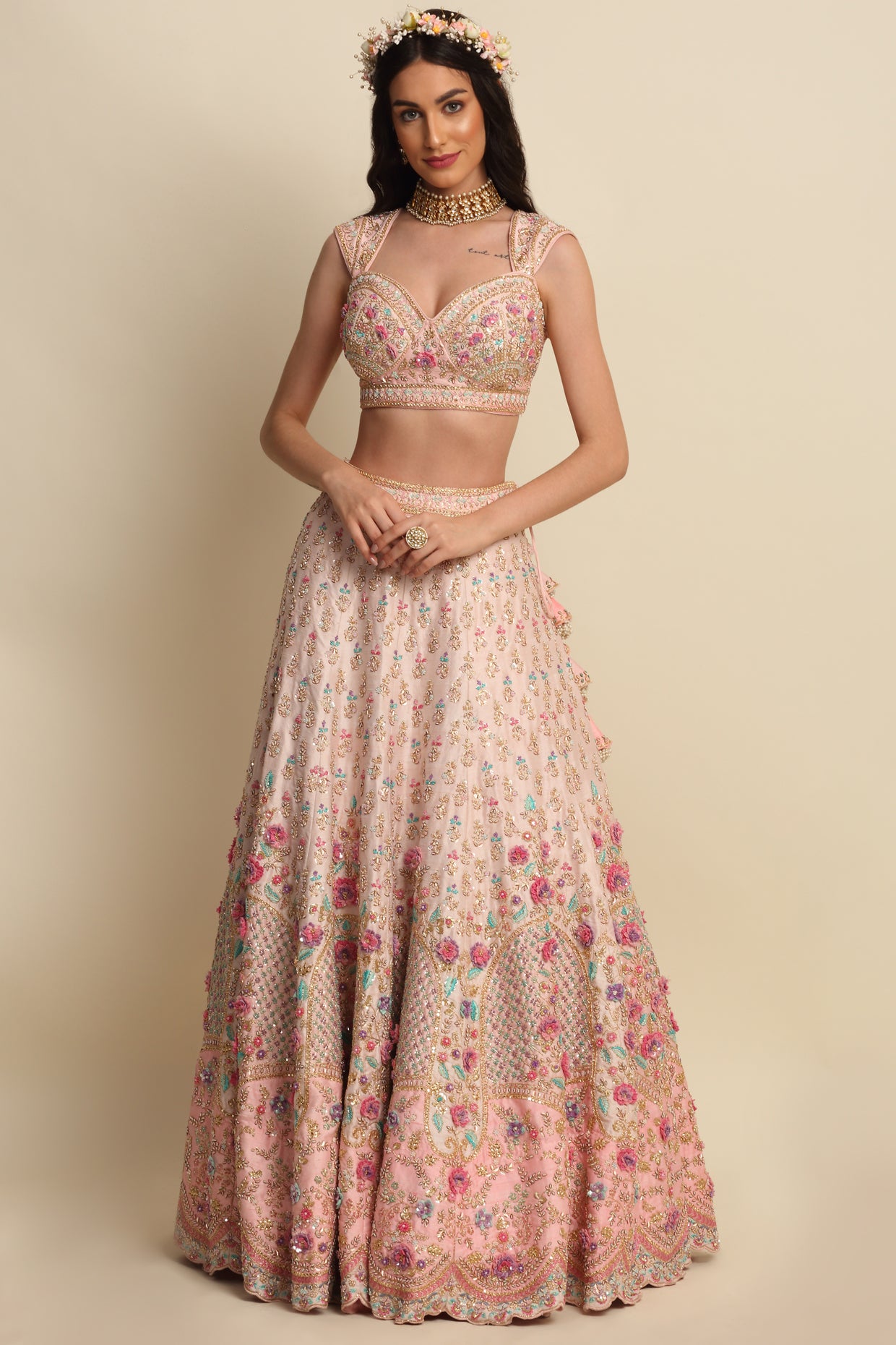 Pastel Pink Hand Embroidered Bridal Lehenga Set