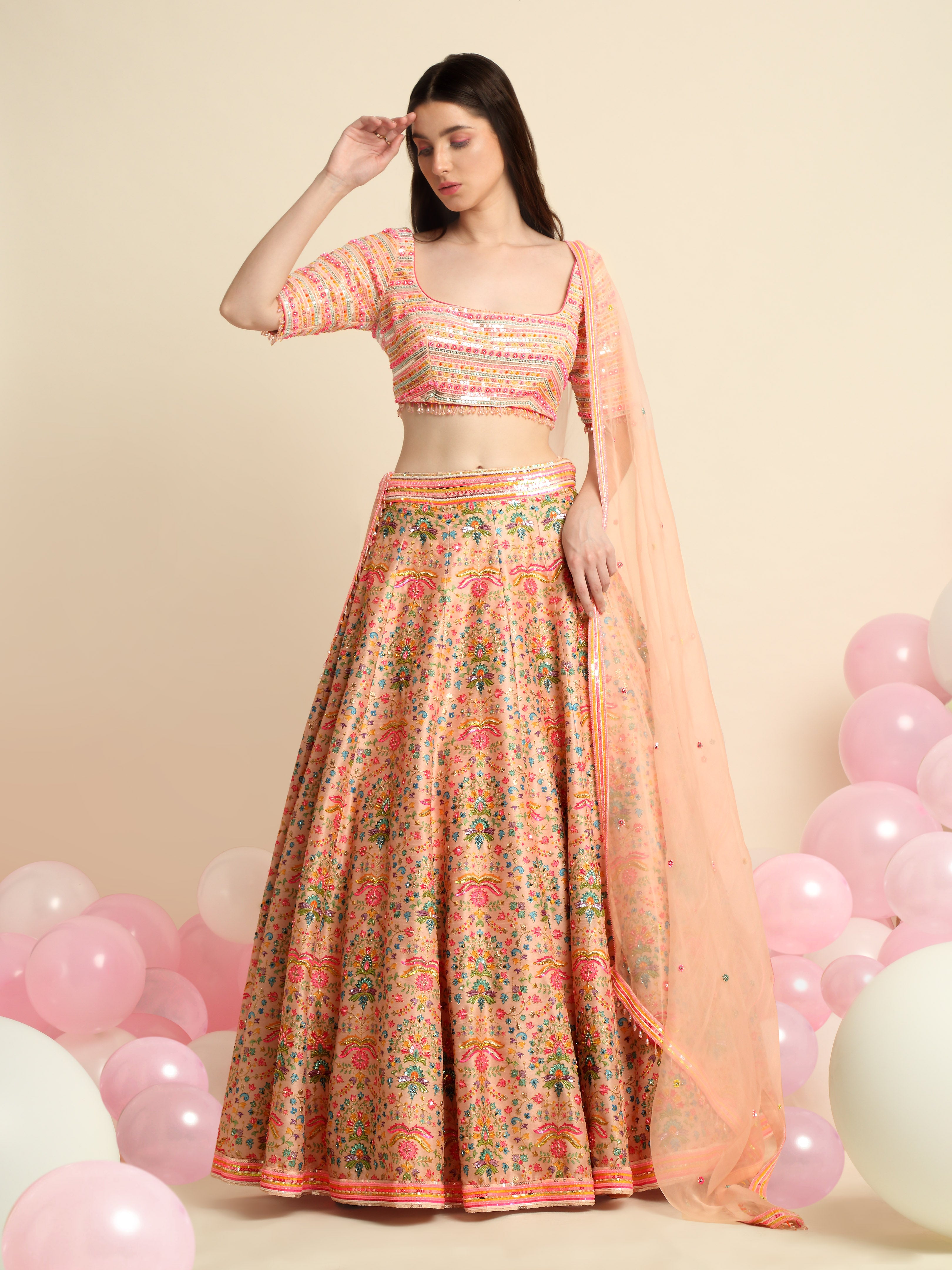 Peach Pink Printed & Embroidered Lehenga Set