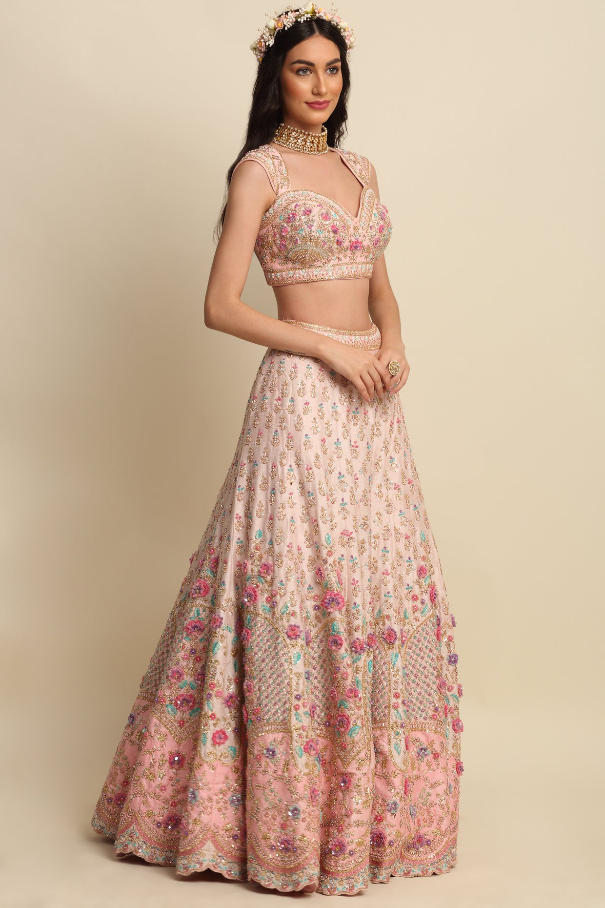 Pastel Pink Hand Embroidered Bridal Lehenga Set