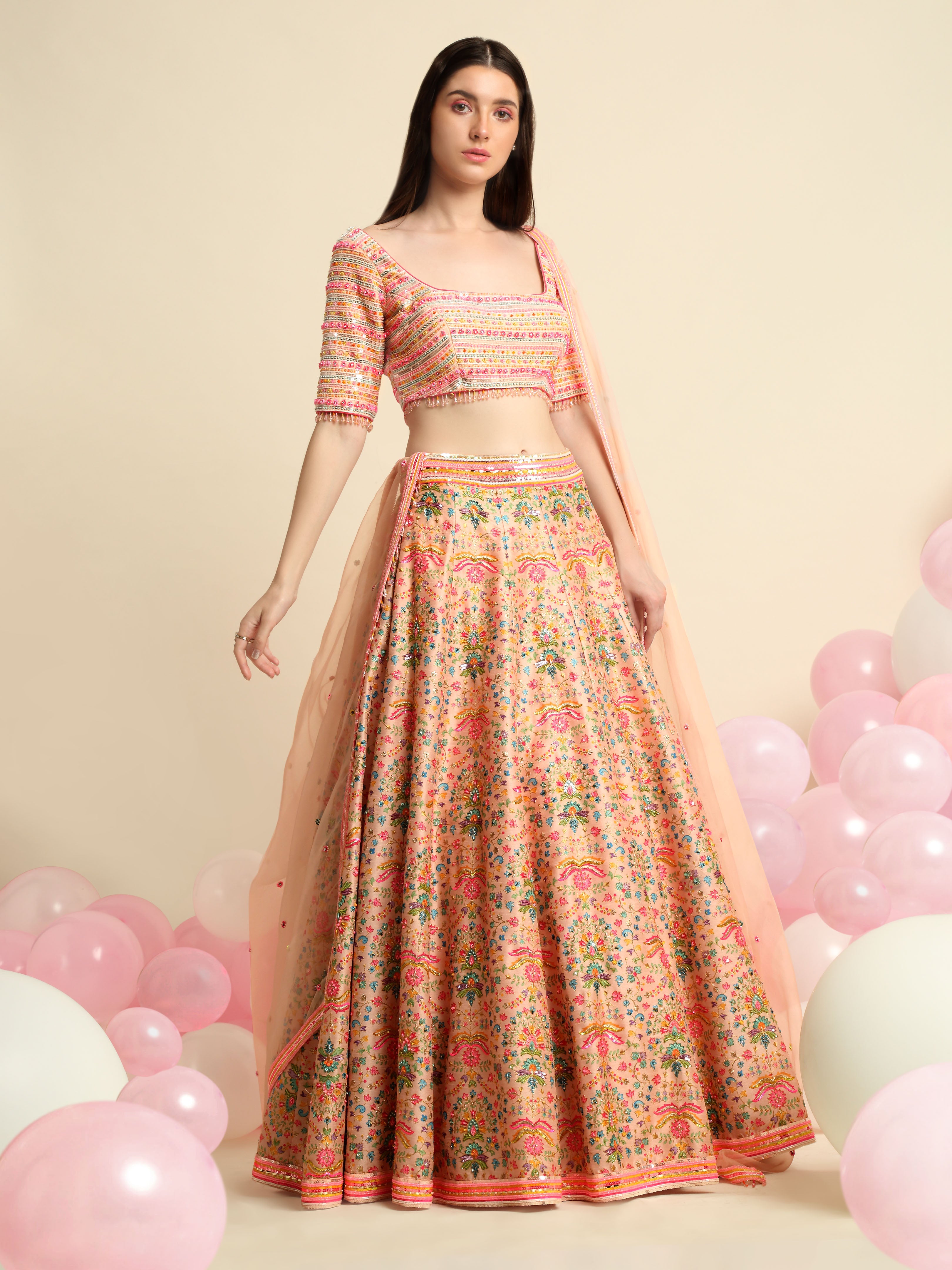 Peach Pink Printed & Embroidered Lehenga Set