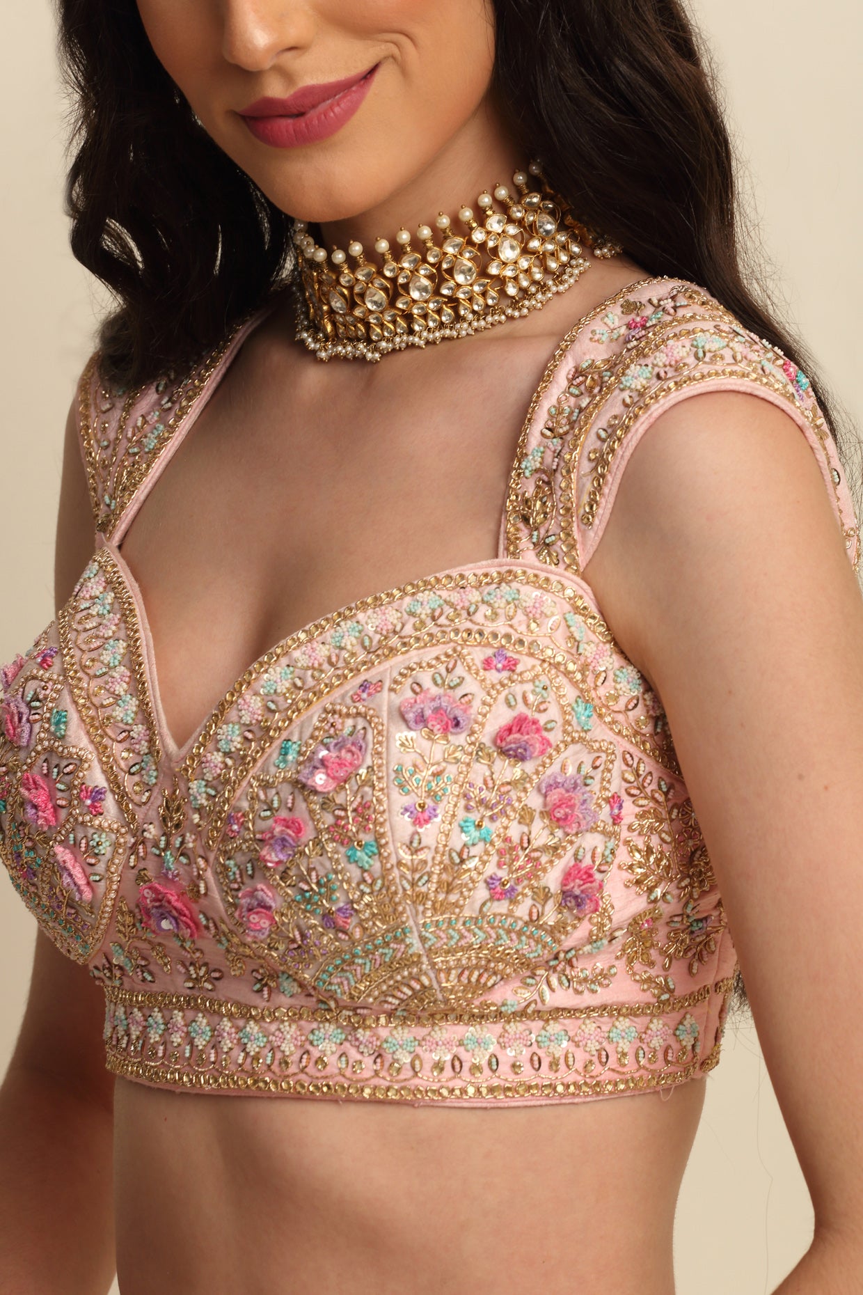 Pastel Pink Hand Embroidered Bridal Lehenga Set