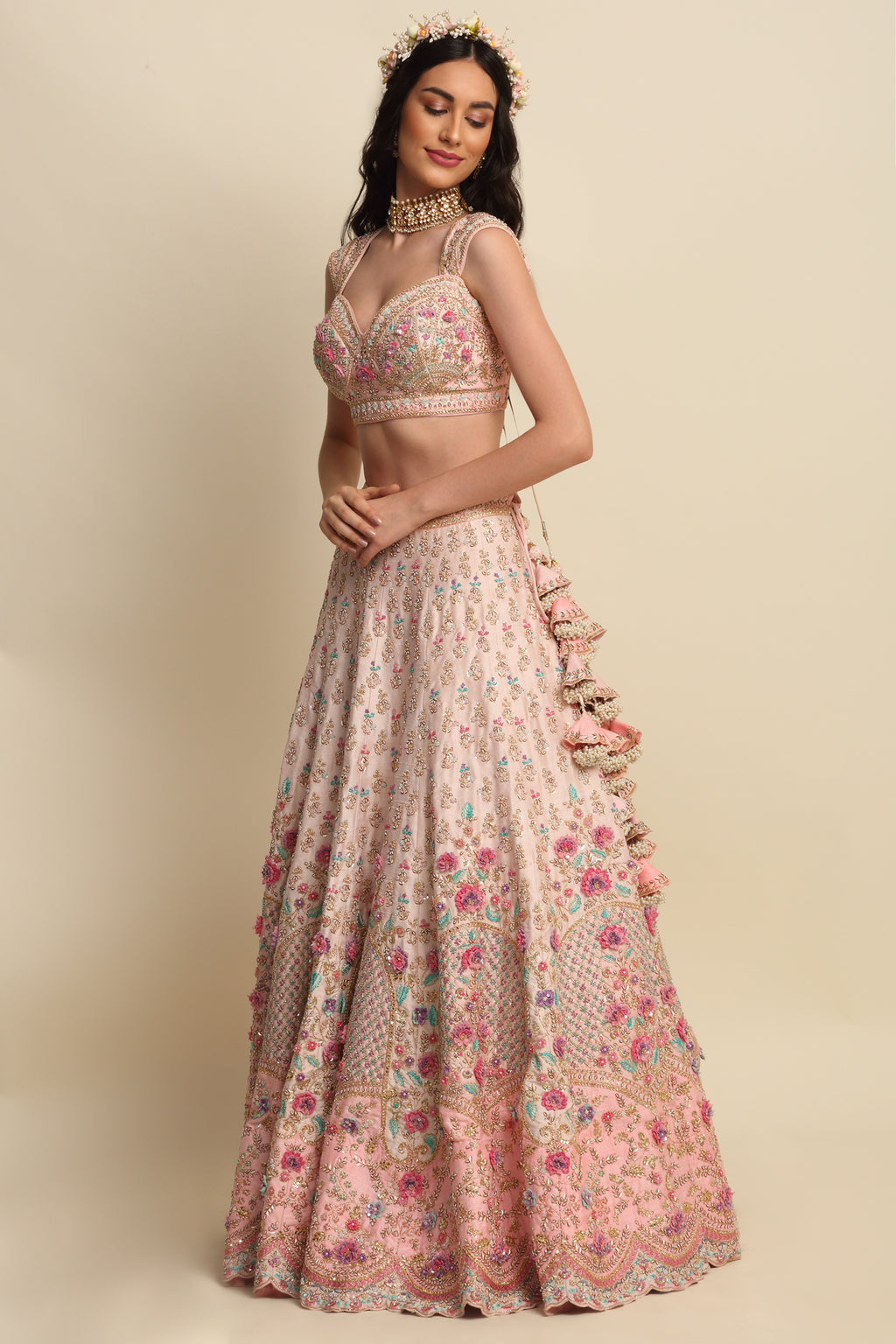 Pastel Pink Hand Embroidered Bridal Lehenga Set