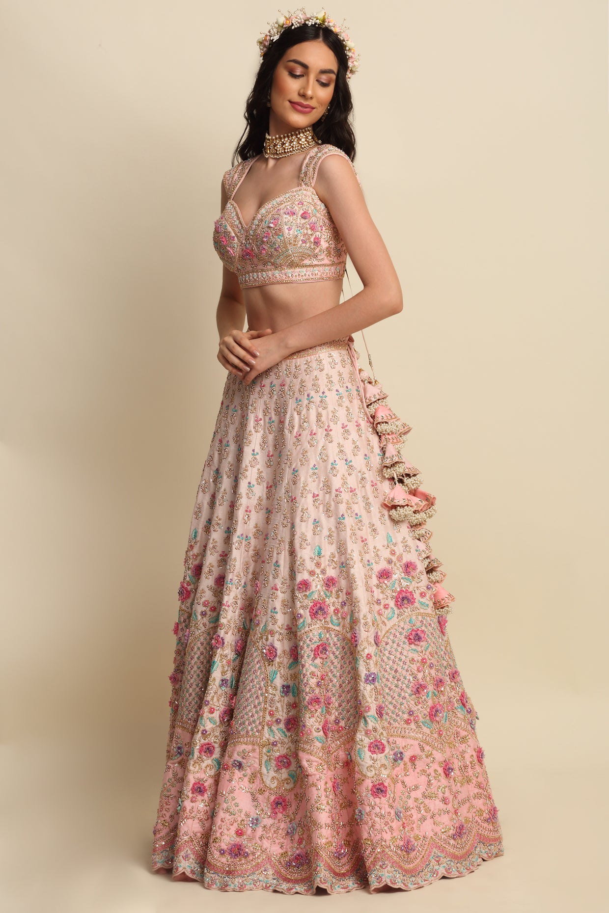 Pastel Pink Hand Embroidered Bridal Lehenga Set