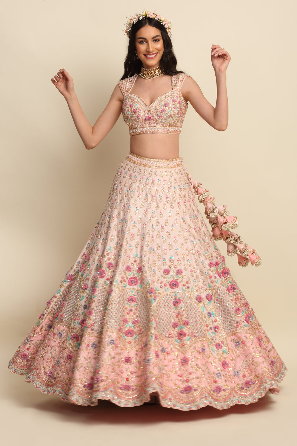 Pastel Pink Hand Embroidered Bridal Lehenga Set