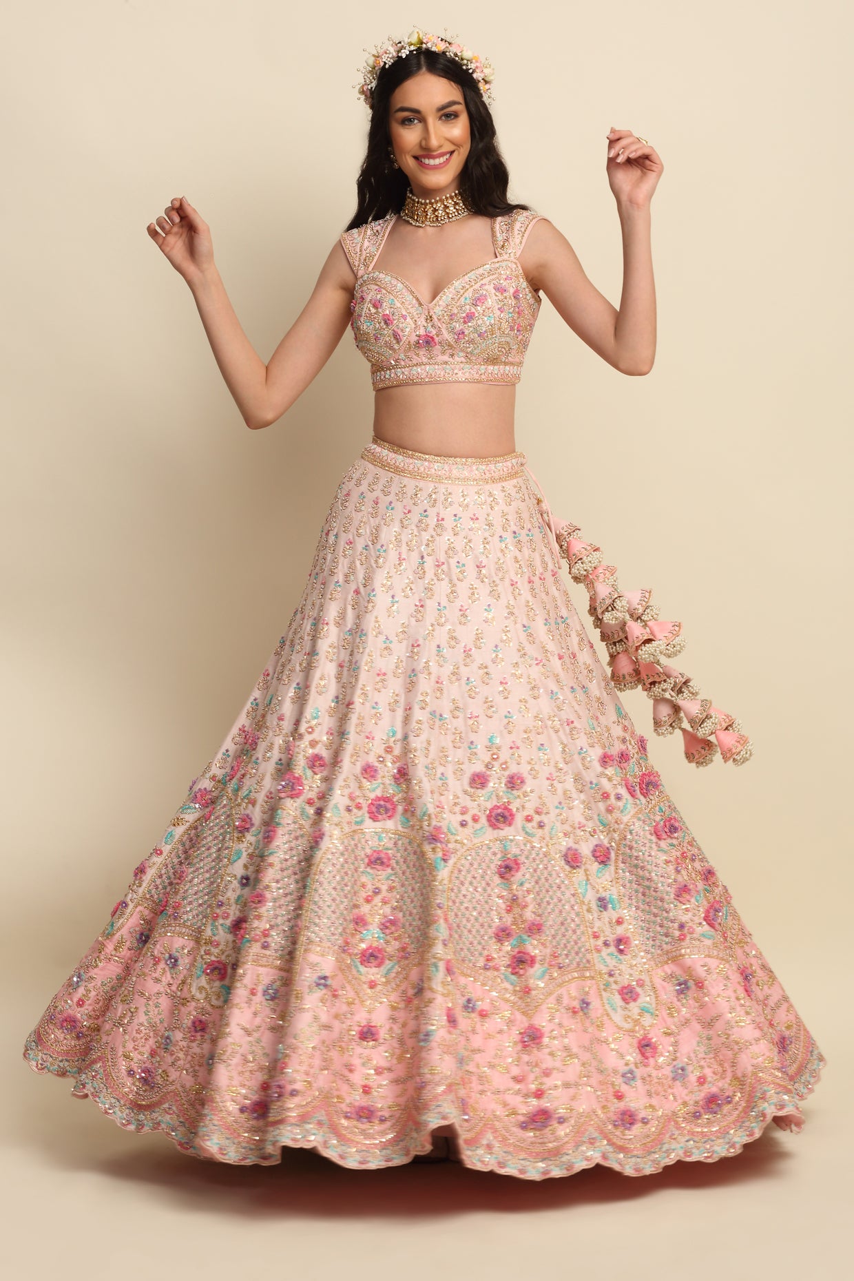 Pastel Pink Hand Embroidered Bridal Lehenga Set