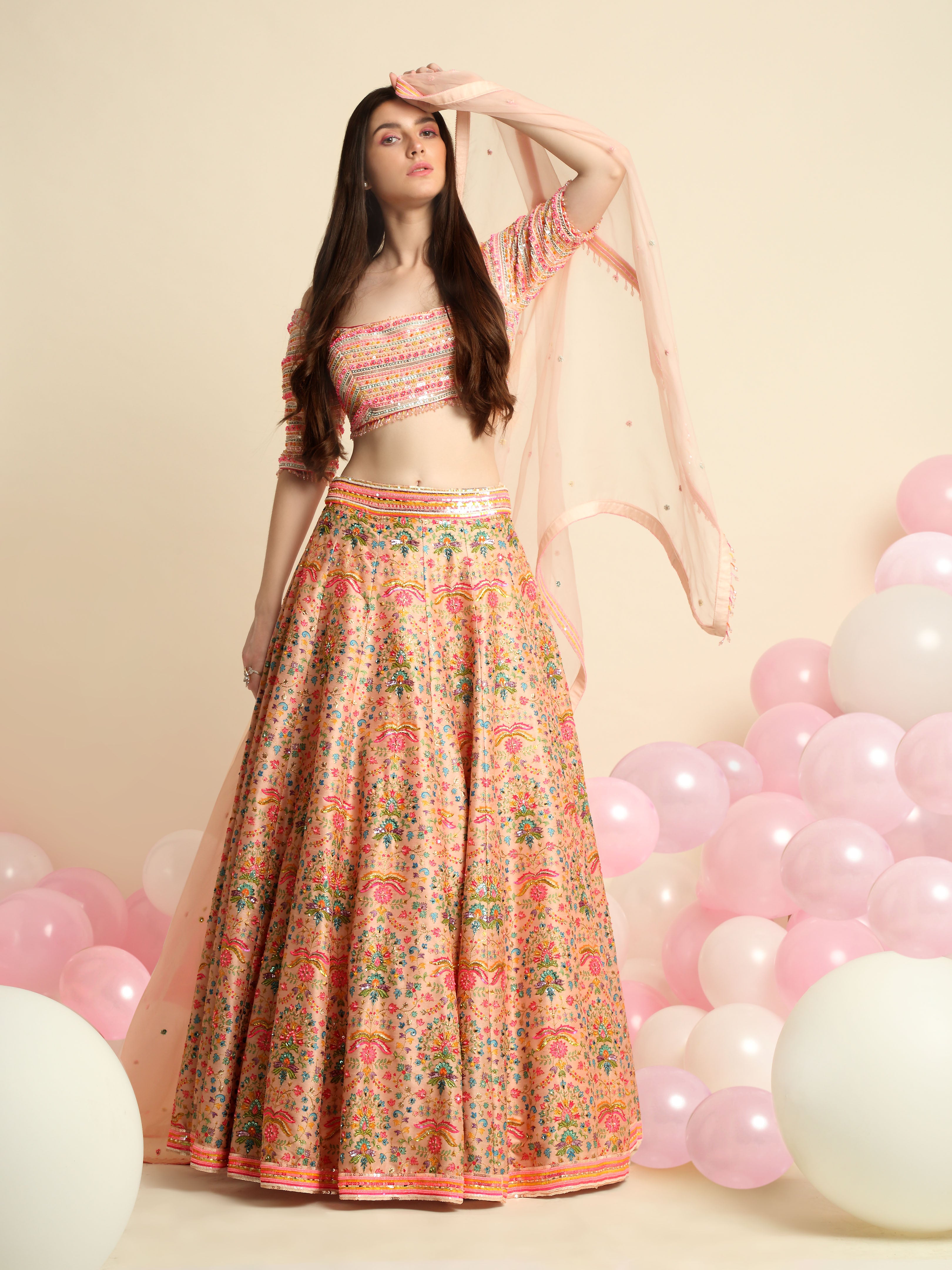 Peach Pink Printed & Embroidered Lehenga Set