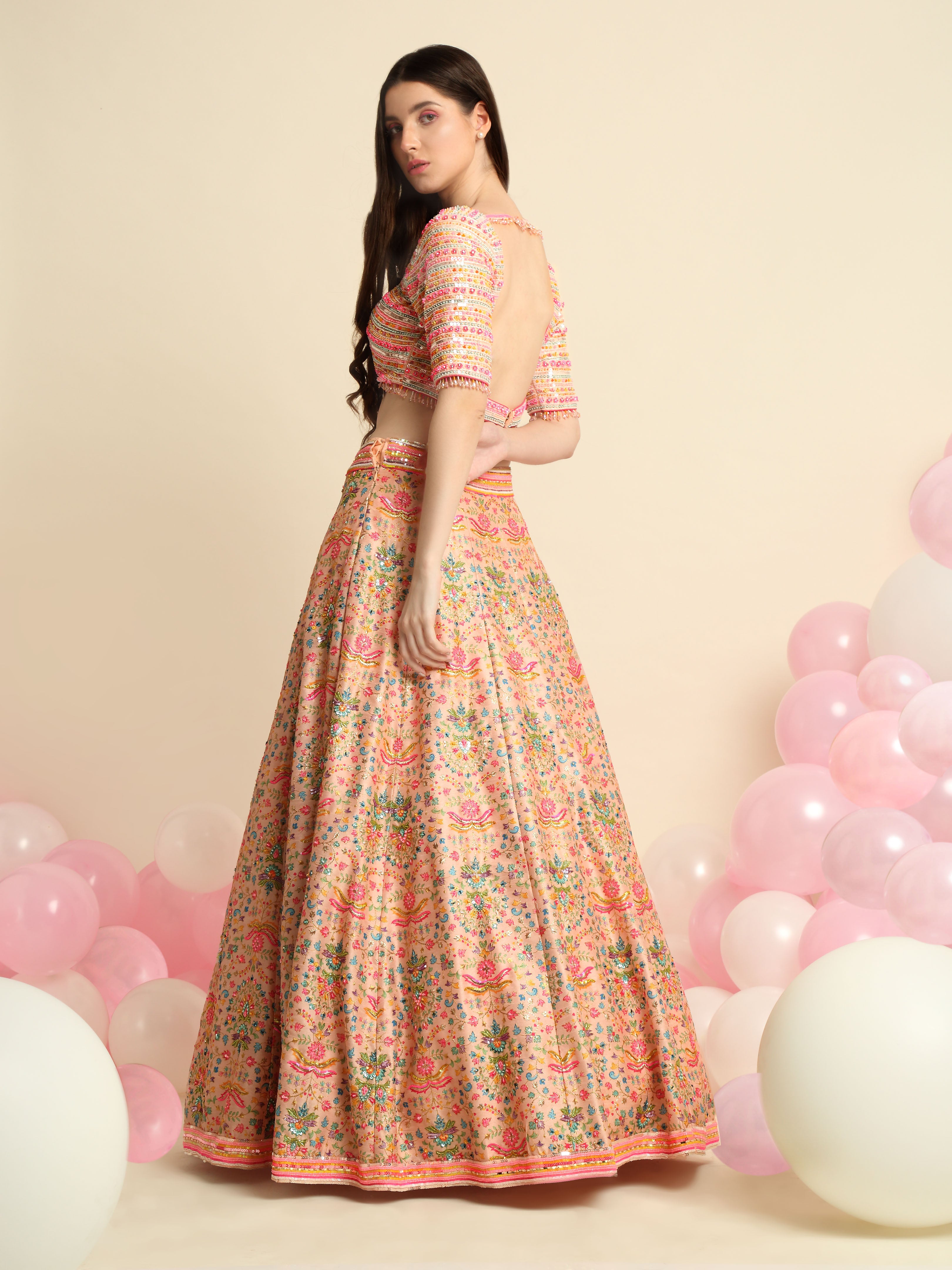 Peach Pink Printed & Embroidered Lehenga Set