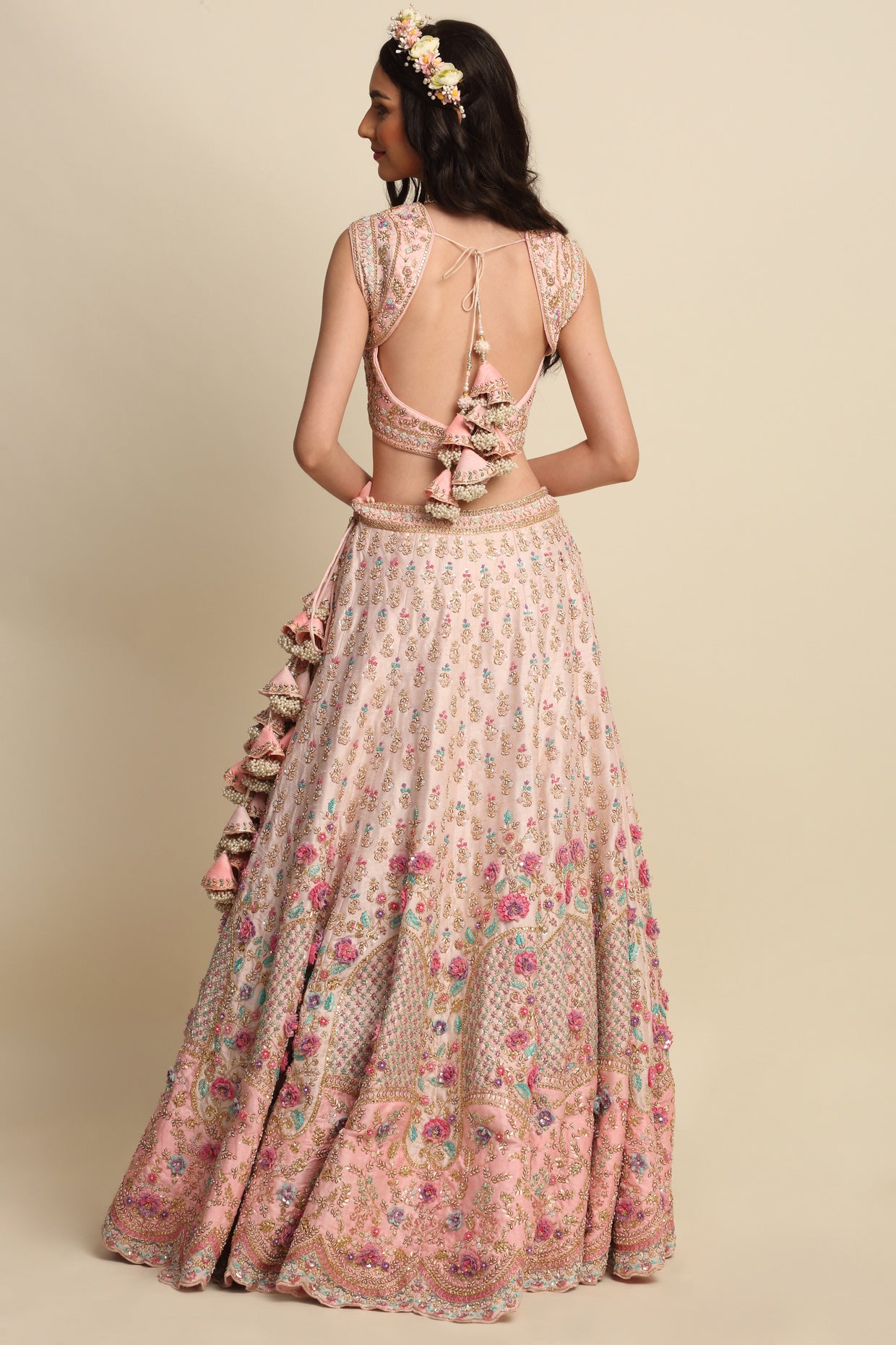 Pastel Pink Hand Embroidered Bridal Lehenga Set