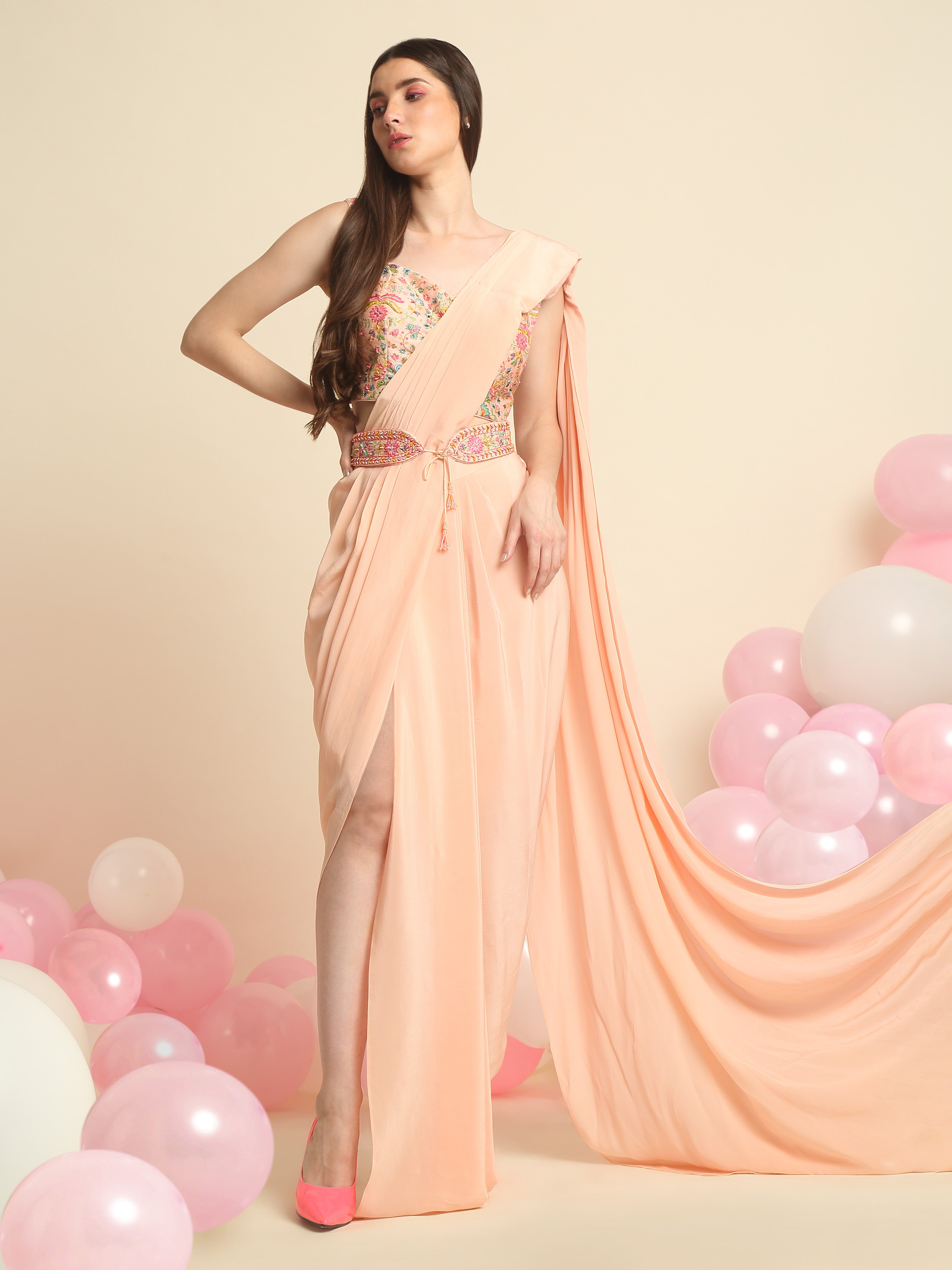 Peach Pink Crepe Saree Set