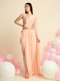 Peach Pink Crepe Saree Set