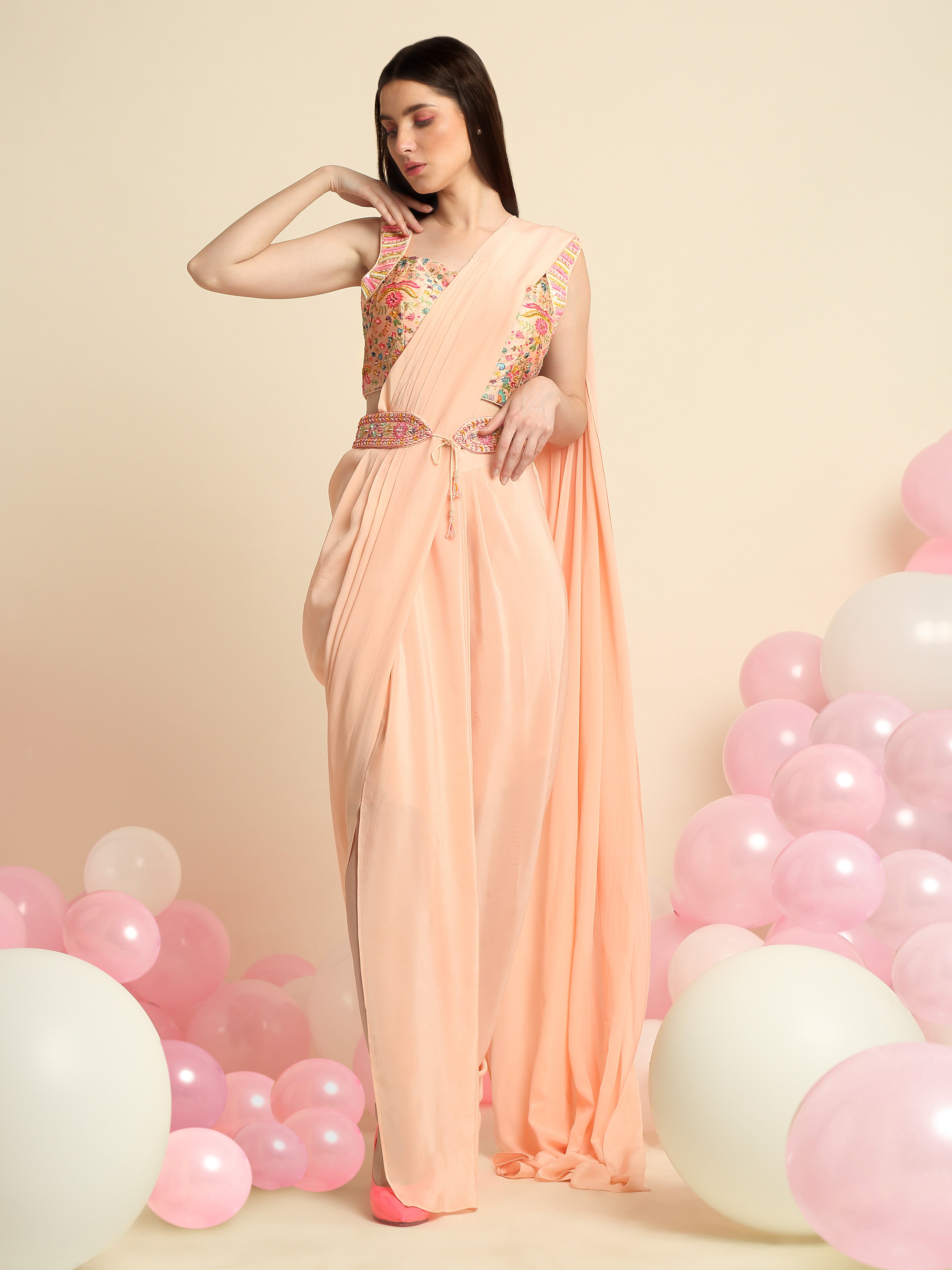 Peach Pink Crepe Saree Set