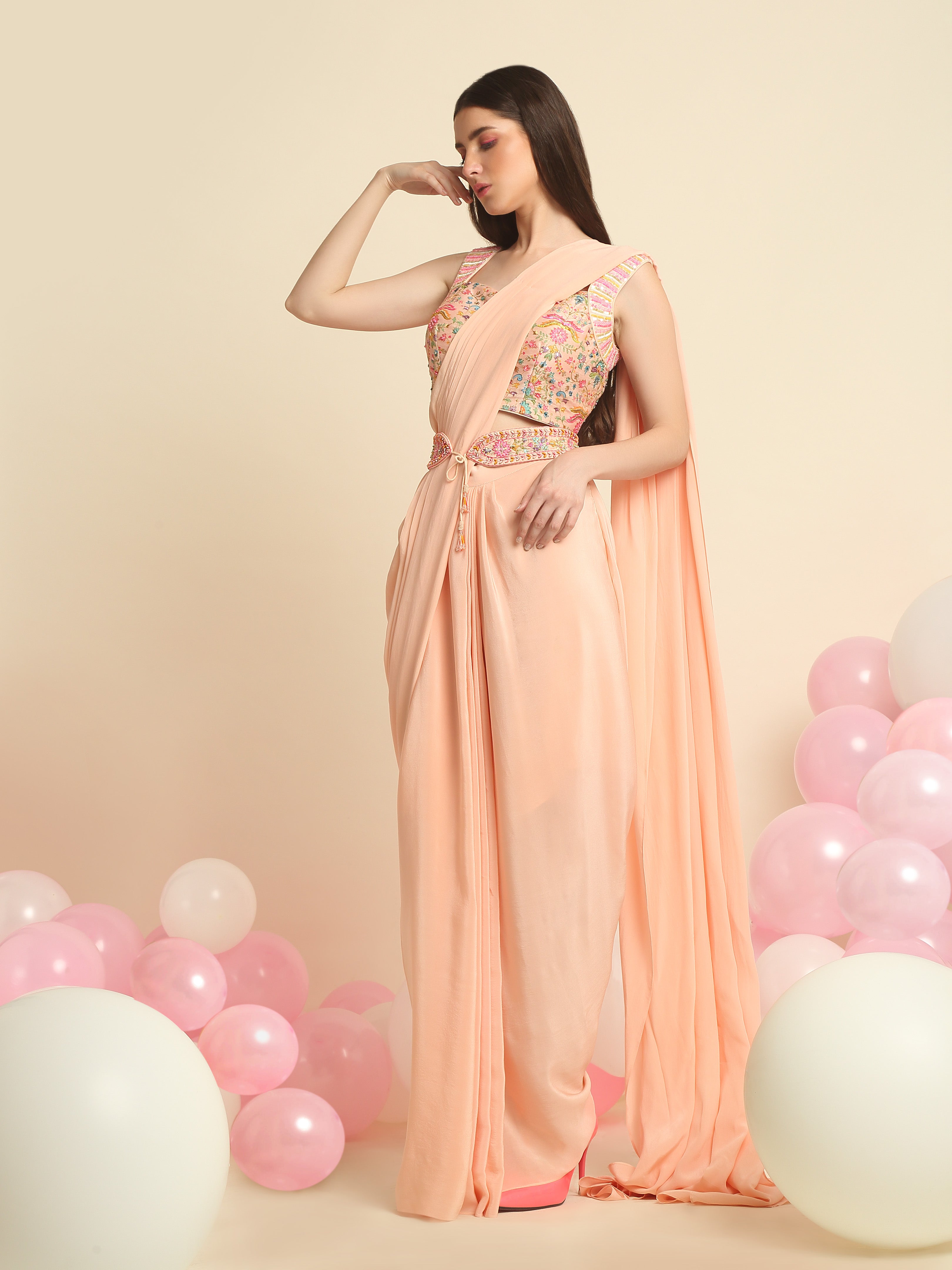 Peach Pink Crepe Saree Set