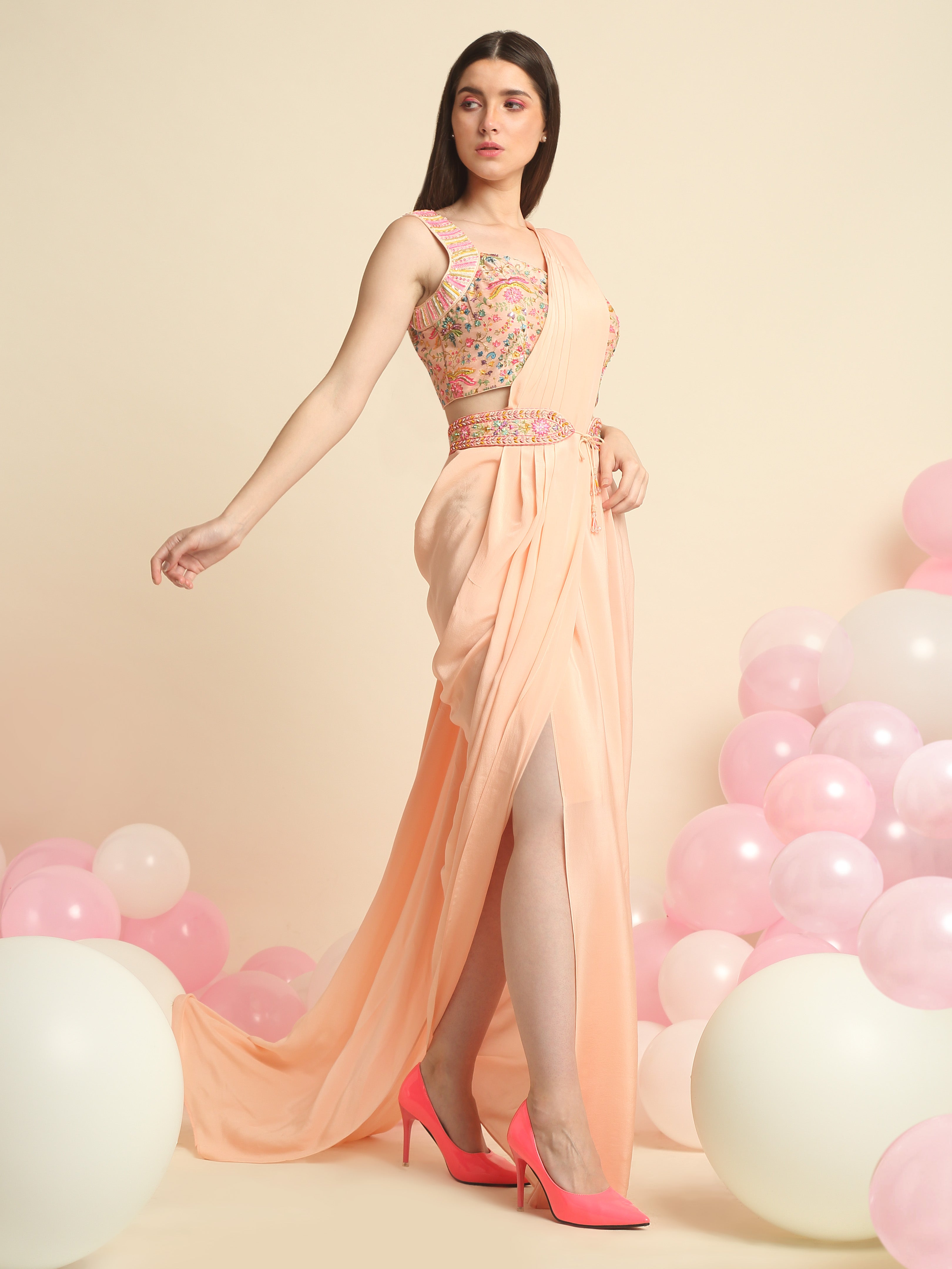 Peach Pink Crepe Saree Set