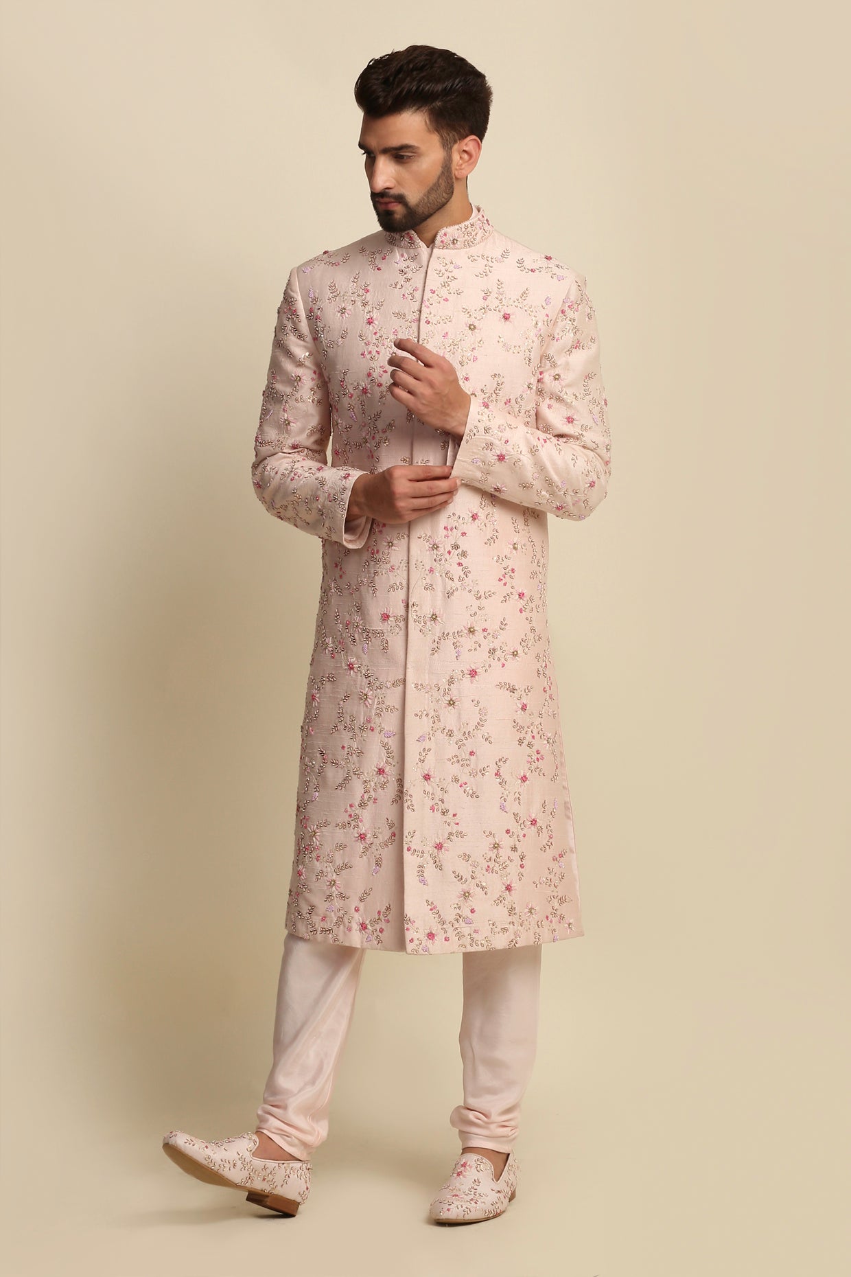 Blush Pink Embroidered Sherwani Set