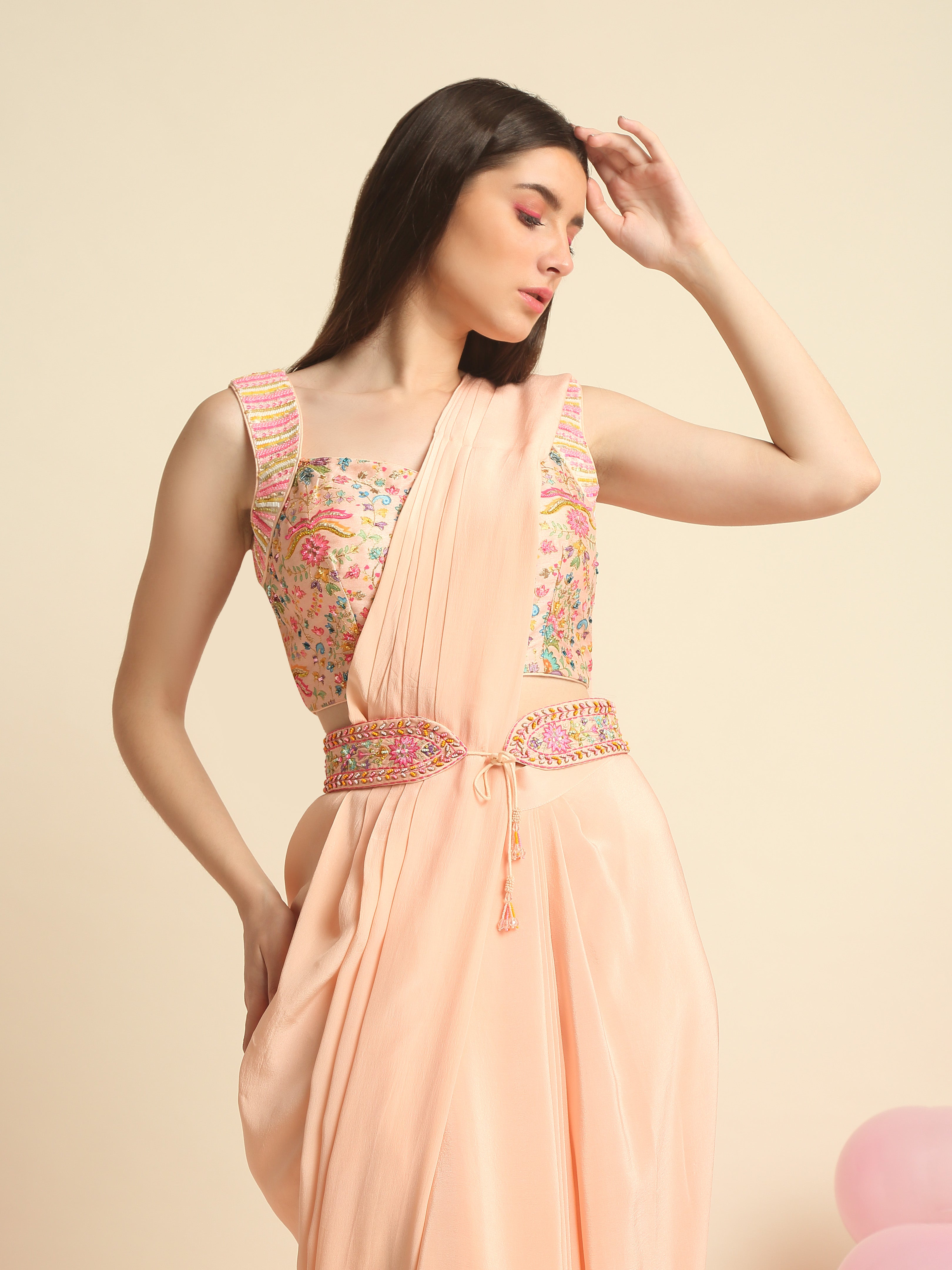 Peach Pink Crepe Saree Set