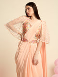 Peach Pink Crepe Saree Set