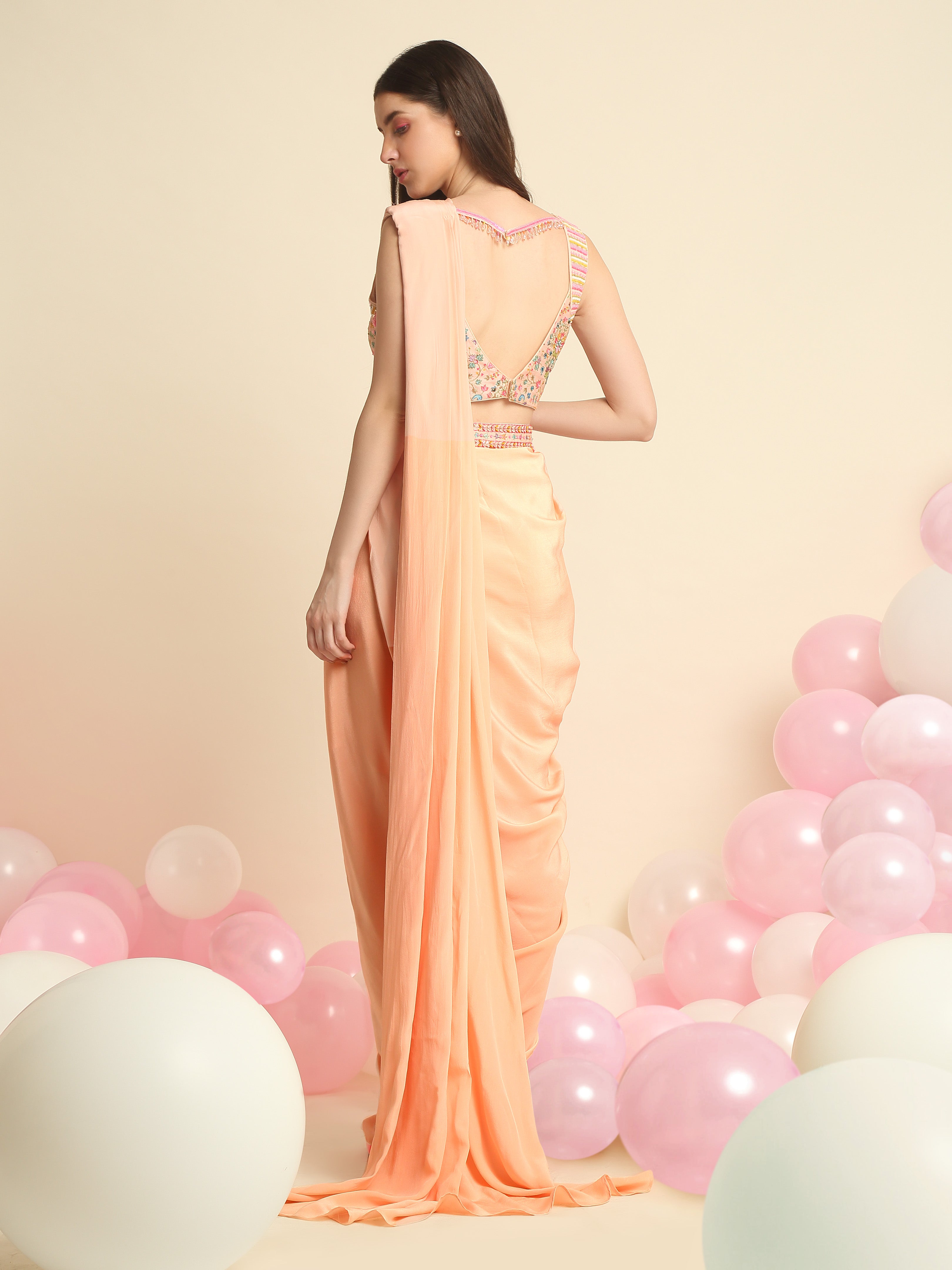 Peach Pink Crepe Saree Set