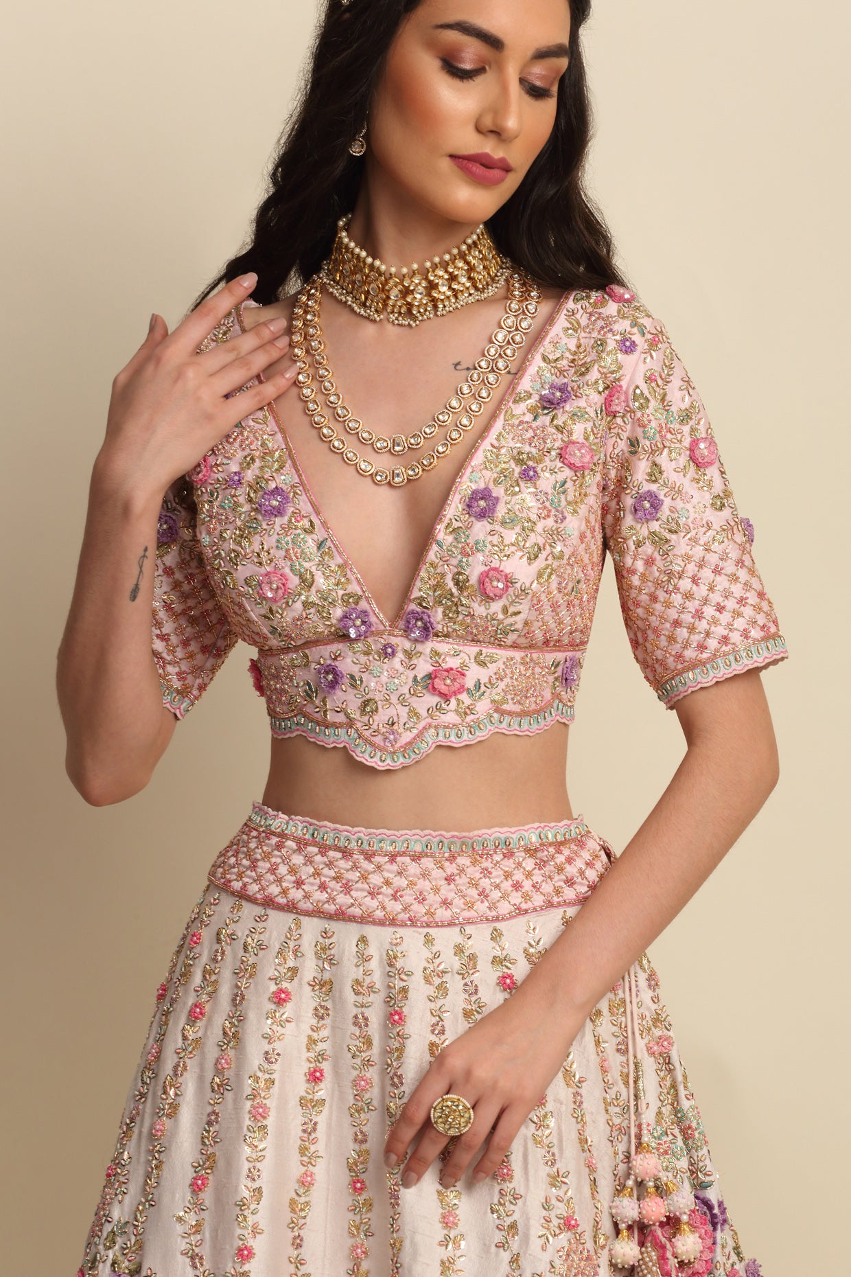 Light Rose Hand Embroidered Bridal Lehenga Set