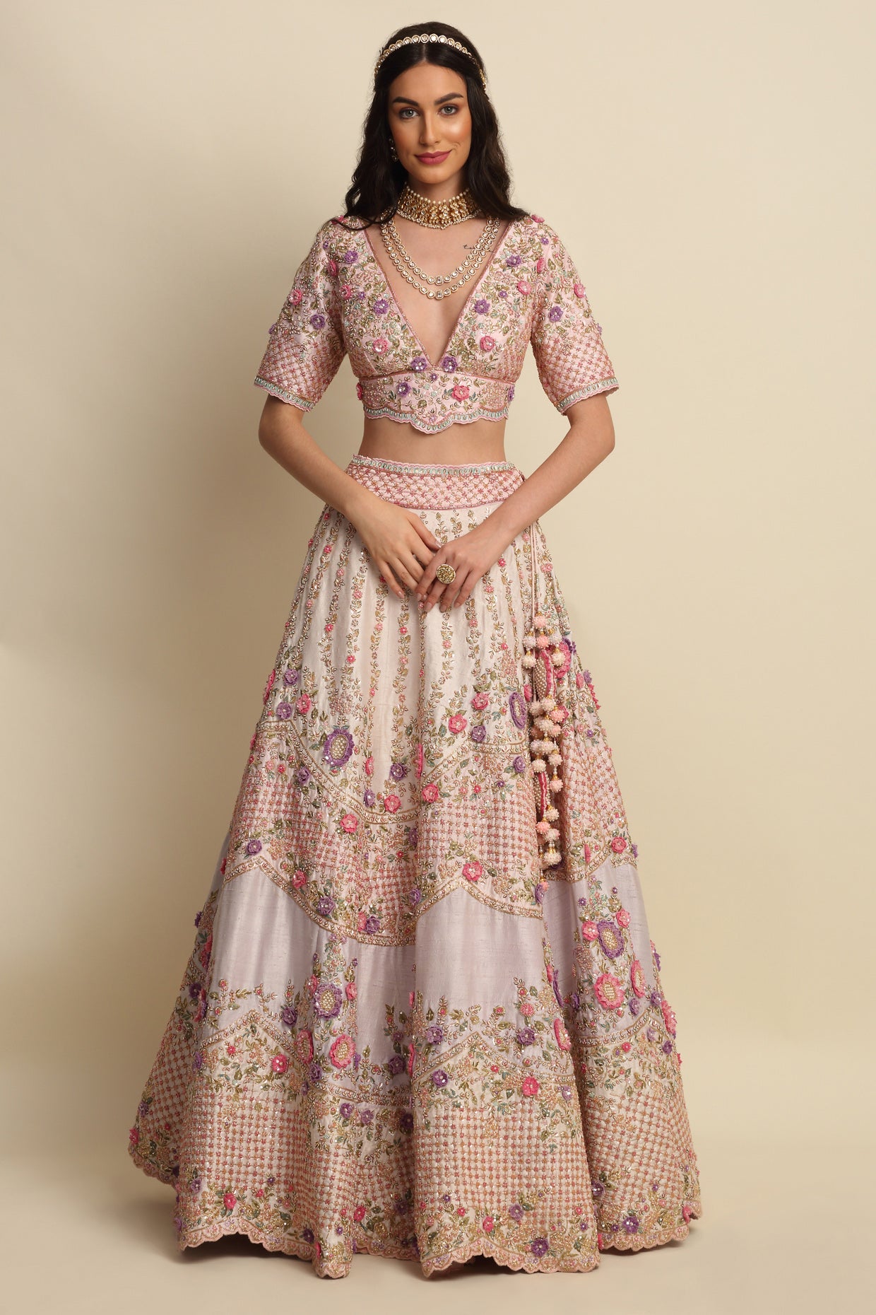 Light Rose Hand Embroidered Bridal Lehenga Set