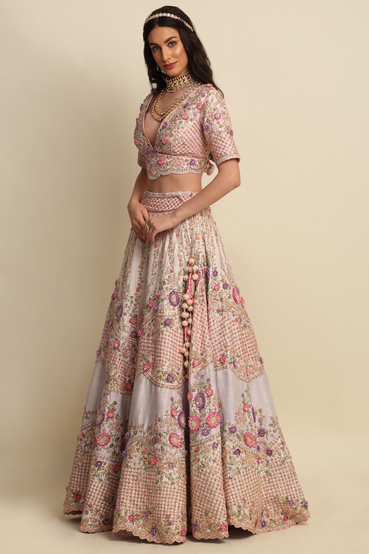 Light Rose Hand Embroidered Bridal Lehenga set