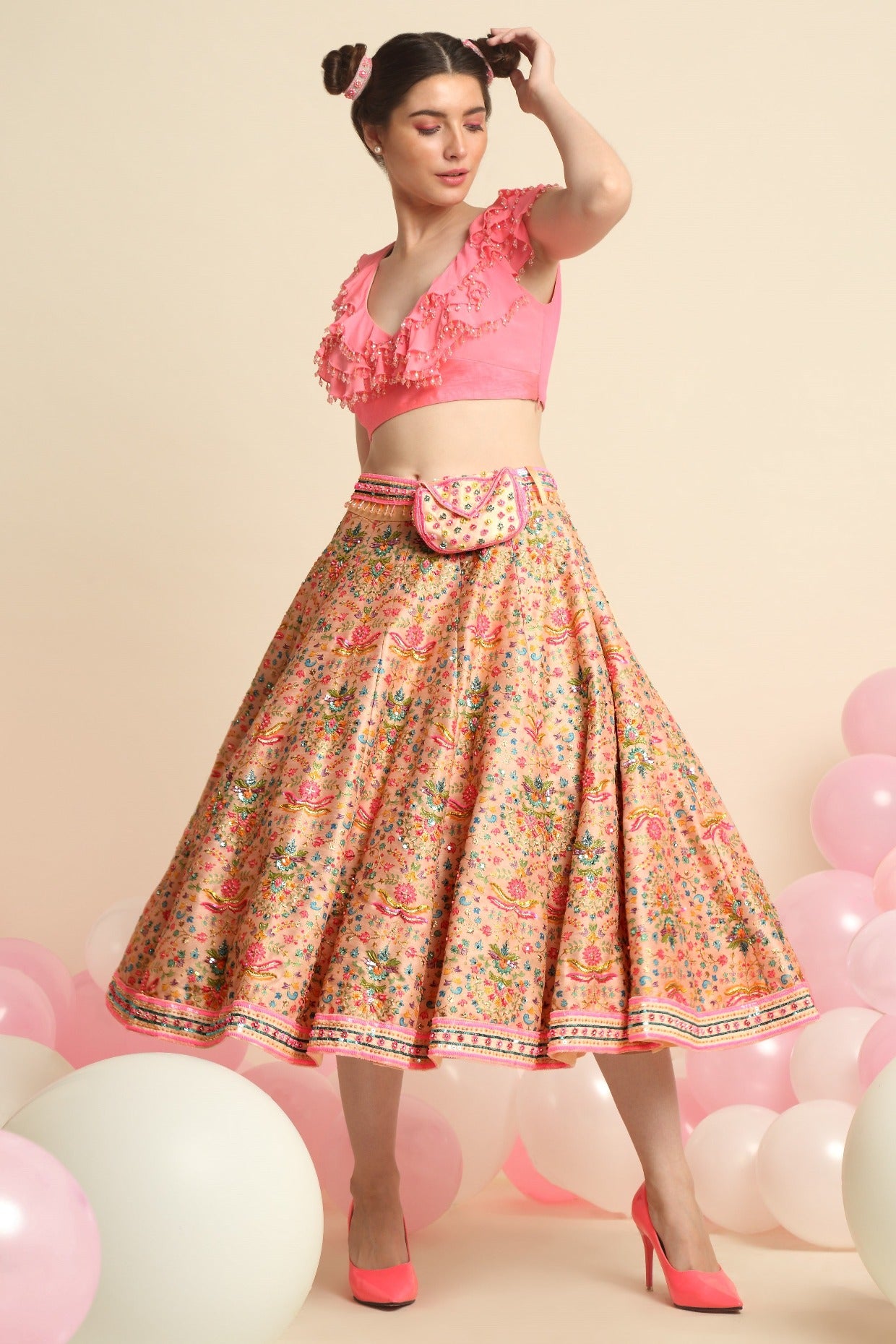 Pink Embroidered Crop Top And Skirt