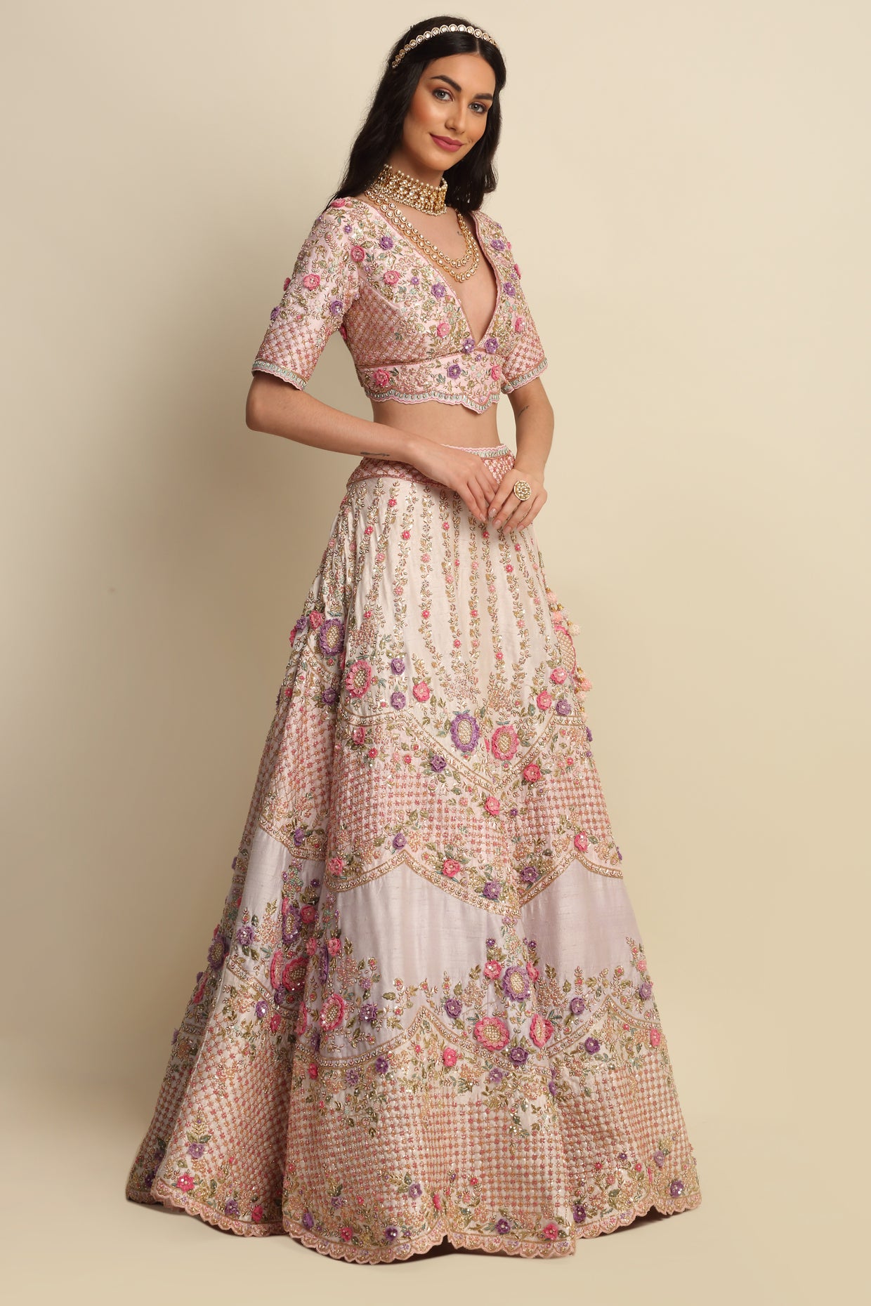 Light Rose Hand Embroidered Bridal Lehenga Set