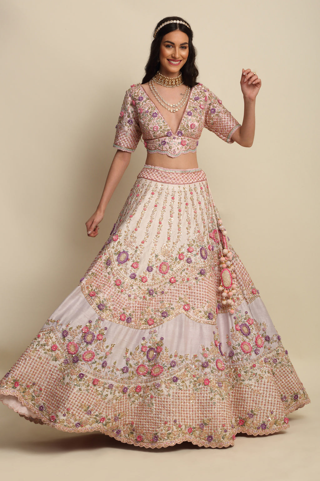Light Rose Hand Embroidered Bridal Lehenga Set