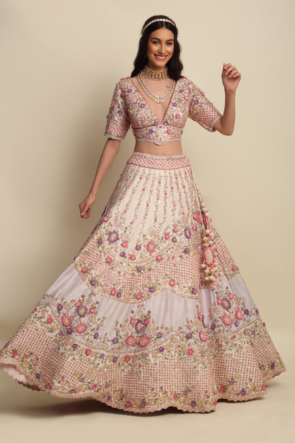 Light Rose Hand Embroidered Bridal Lehenga Set