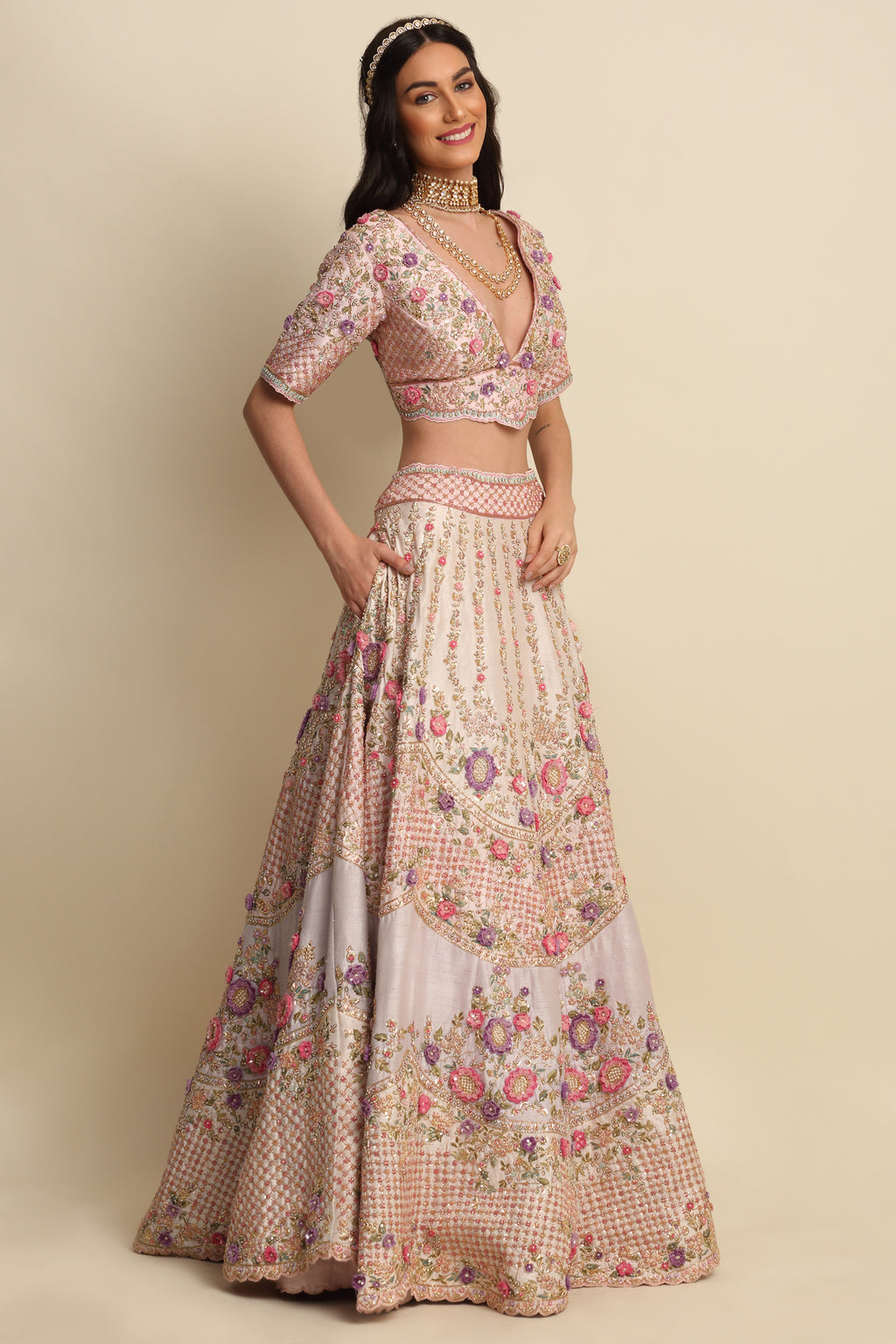 Light Rose Hand Embroidered Bridal Lehenga Set