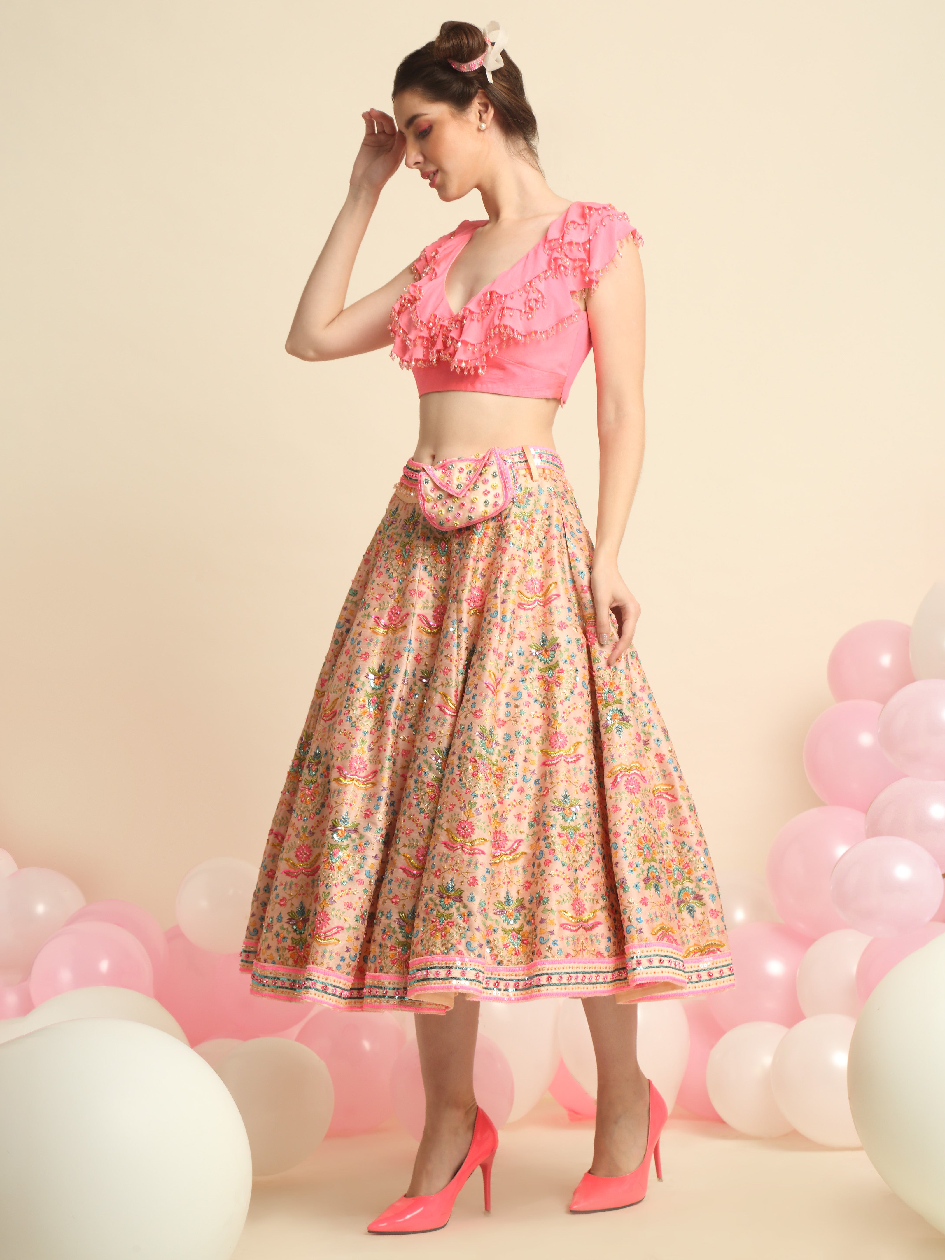 Pink Embroidered Crop Top And Skirt