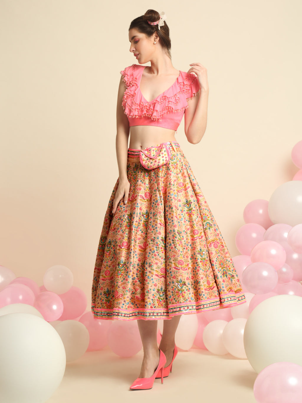Pink Embroidered Crop Top And Skirt