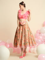 Pink Embroidered Crop Top And Skirt