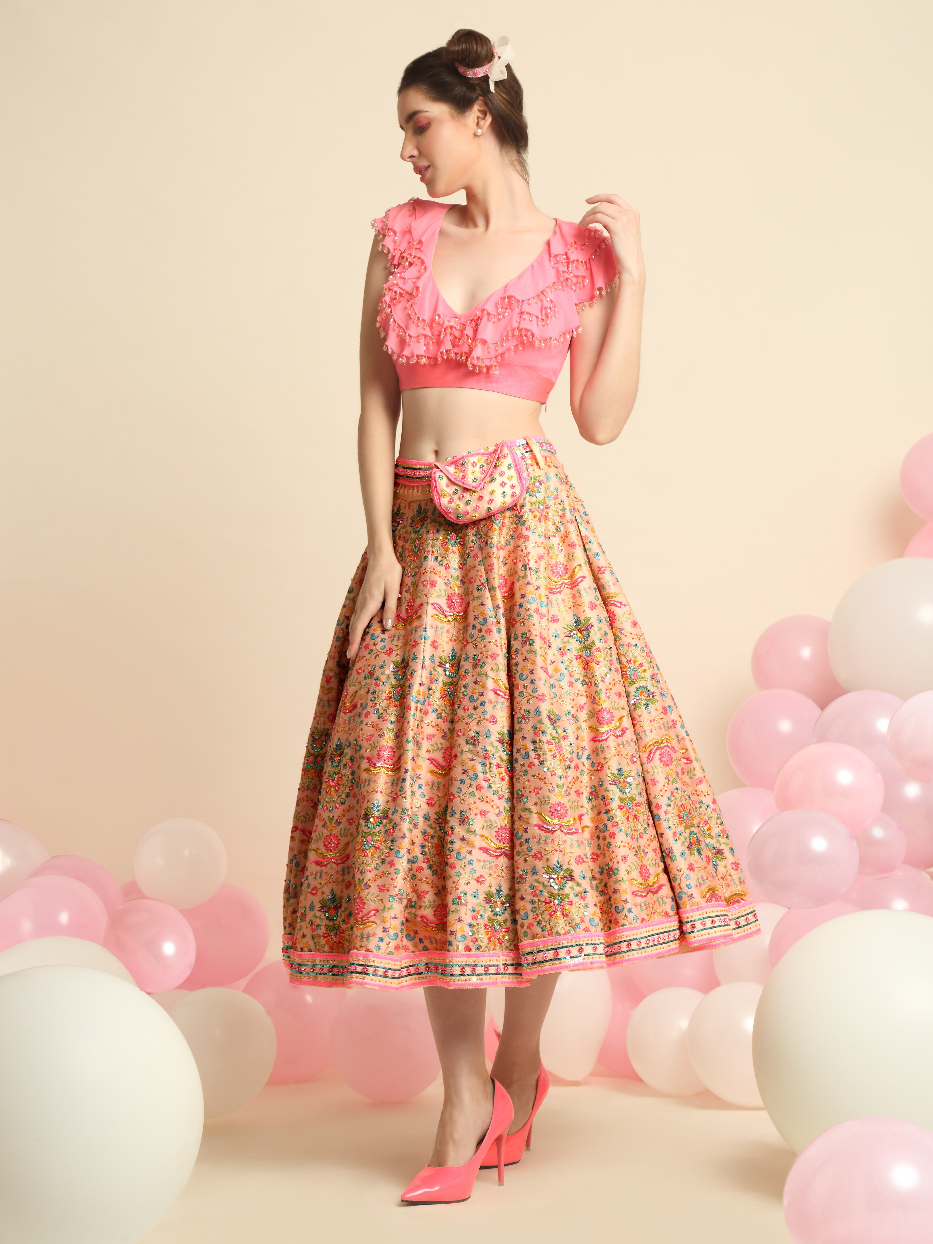 Pink Embroidered Crop Top And Skirt