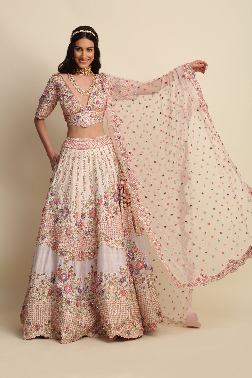 Light Rose Hand Embroidered Bridal Lehenga Set
