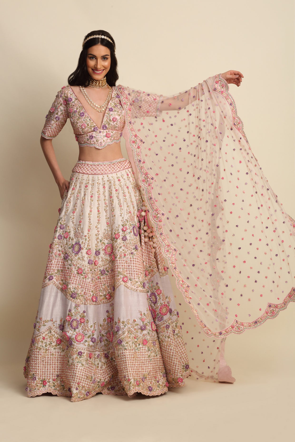 Light Rose Hand Embroidered Bridal Lehenga Set