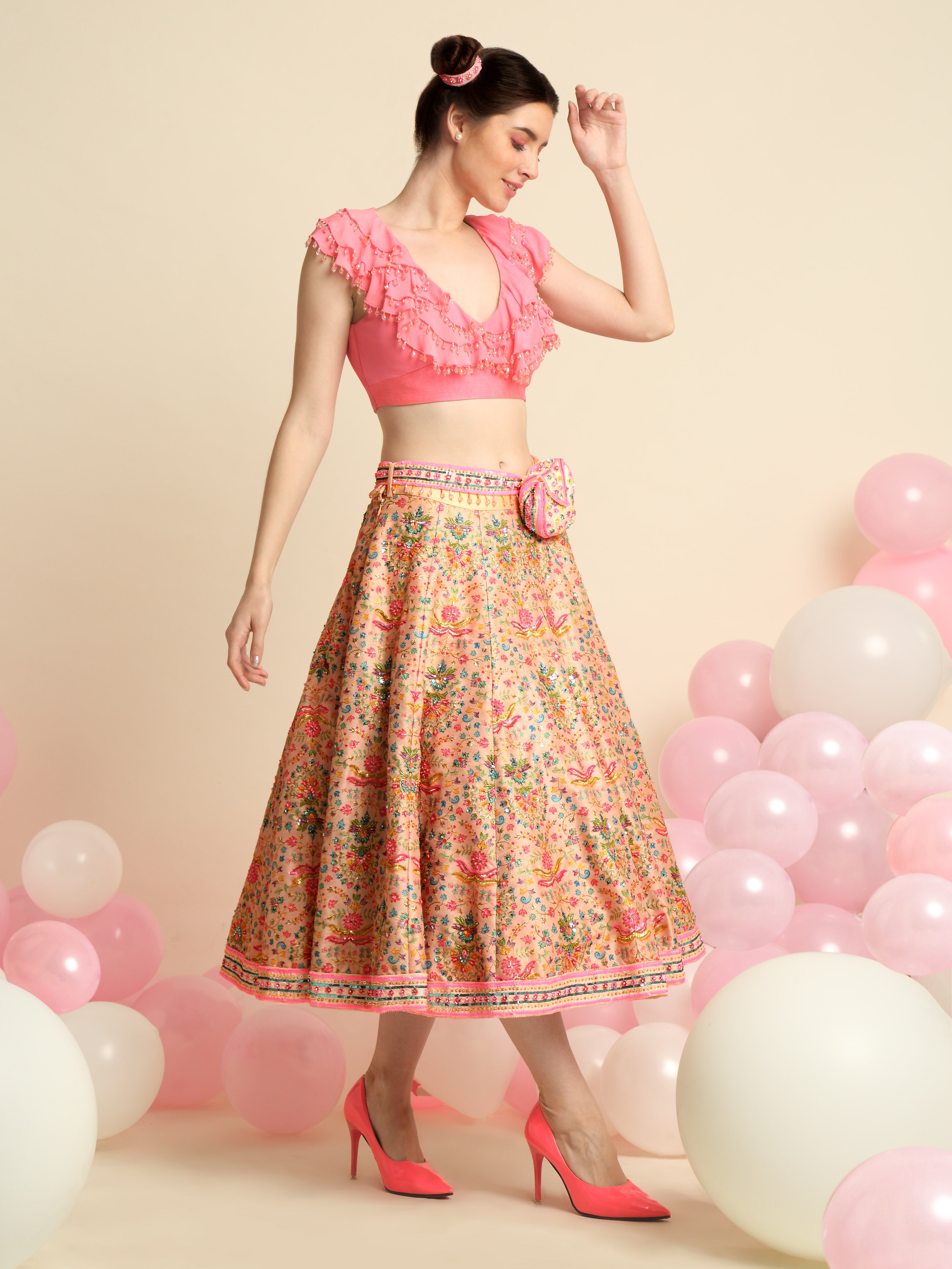 Pink Embroidered Crop Top And Skirt