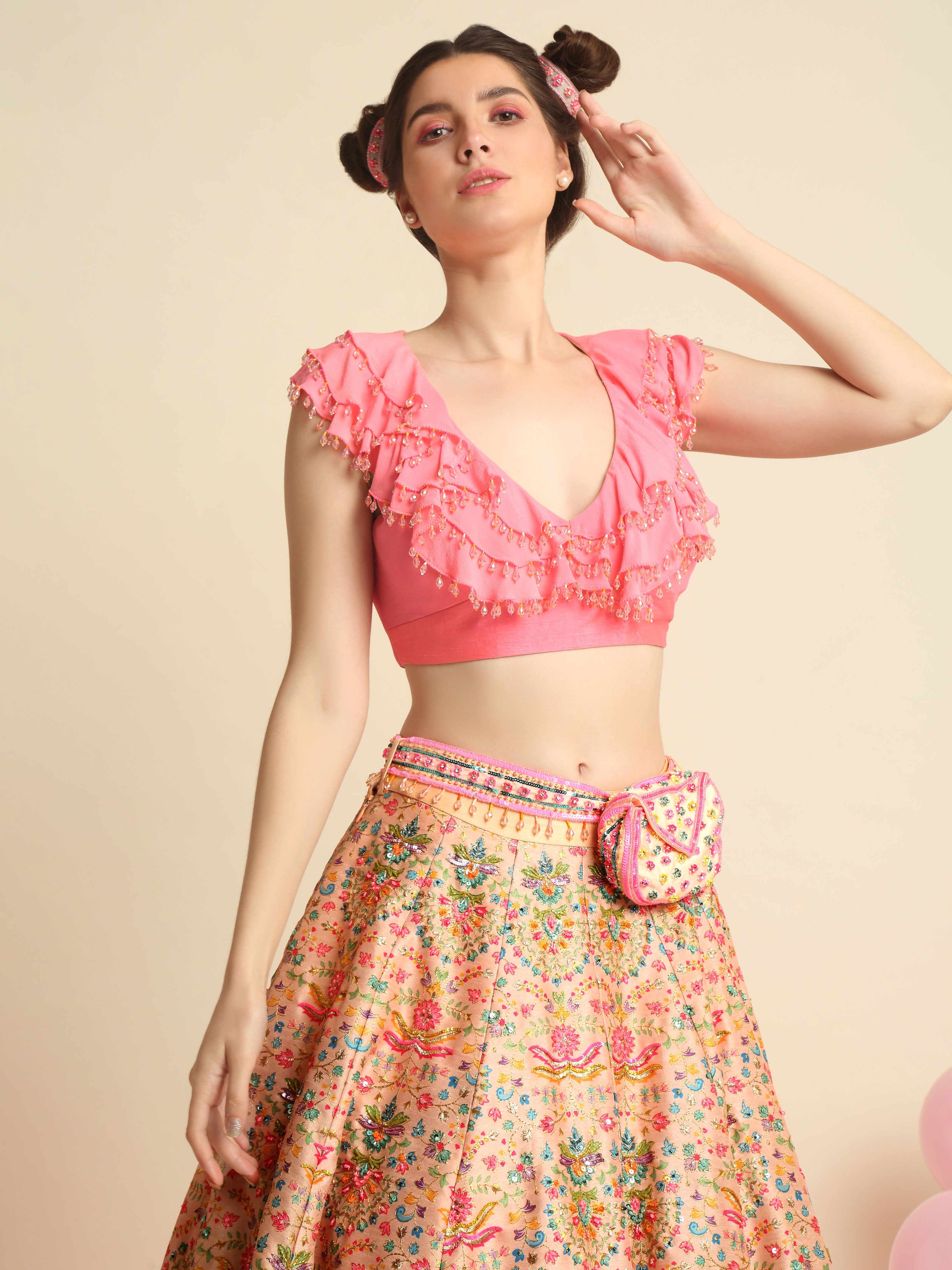 Pink Embroidered Crop Top And Skirt