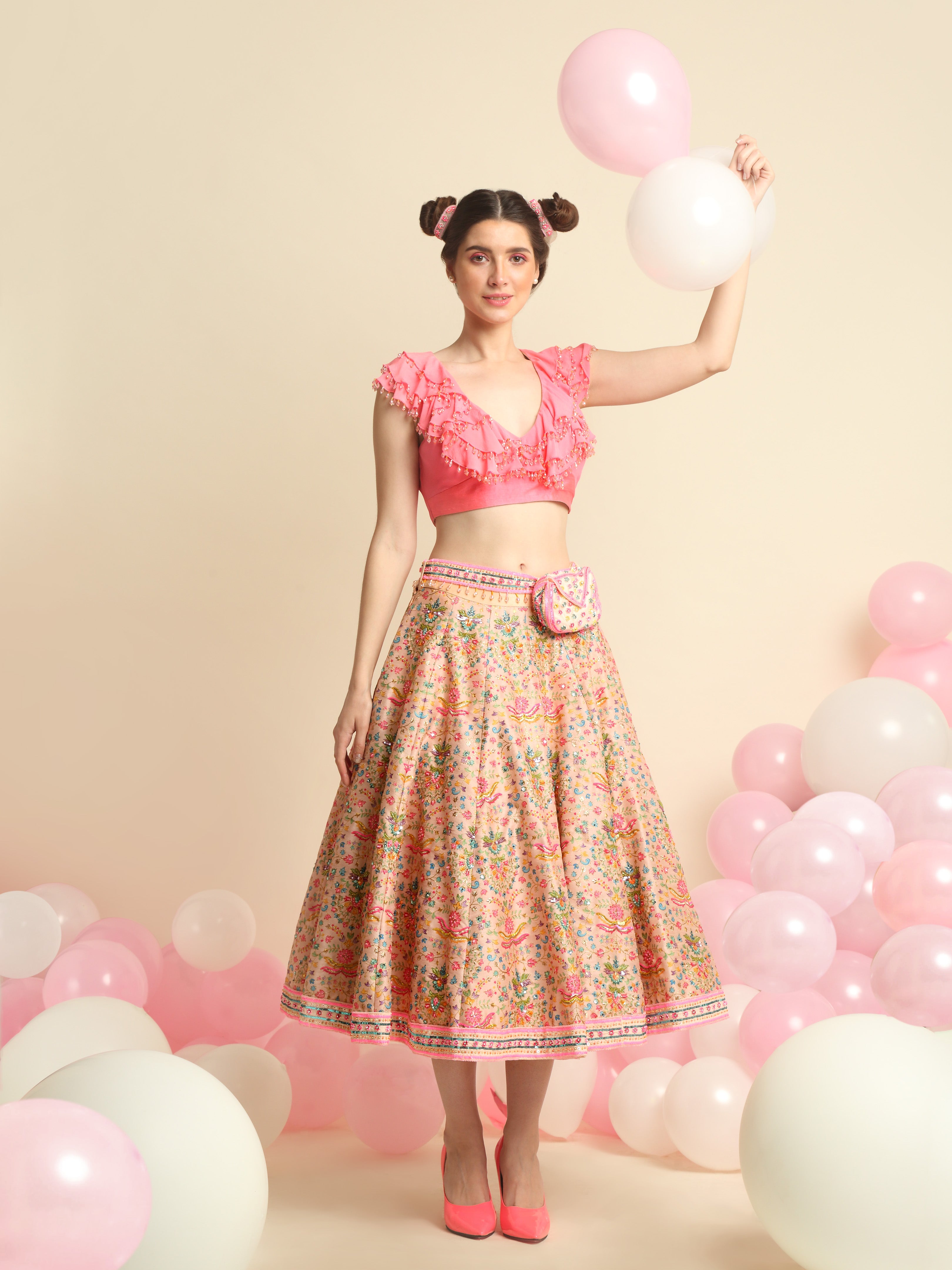 Pink Embroidered Crop Top And Skirt