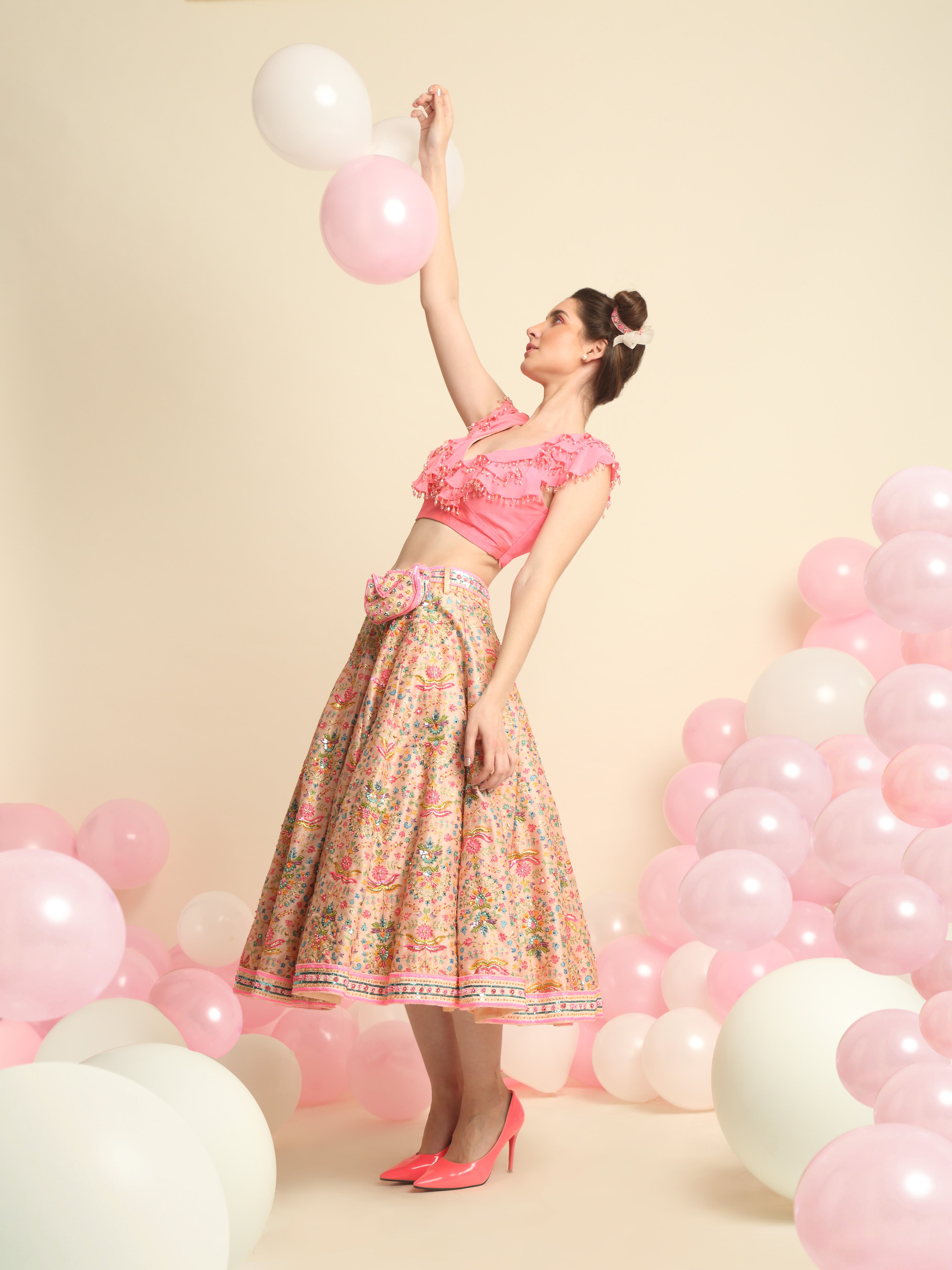 Pink Embroidered Crop Top And Skirt