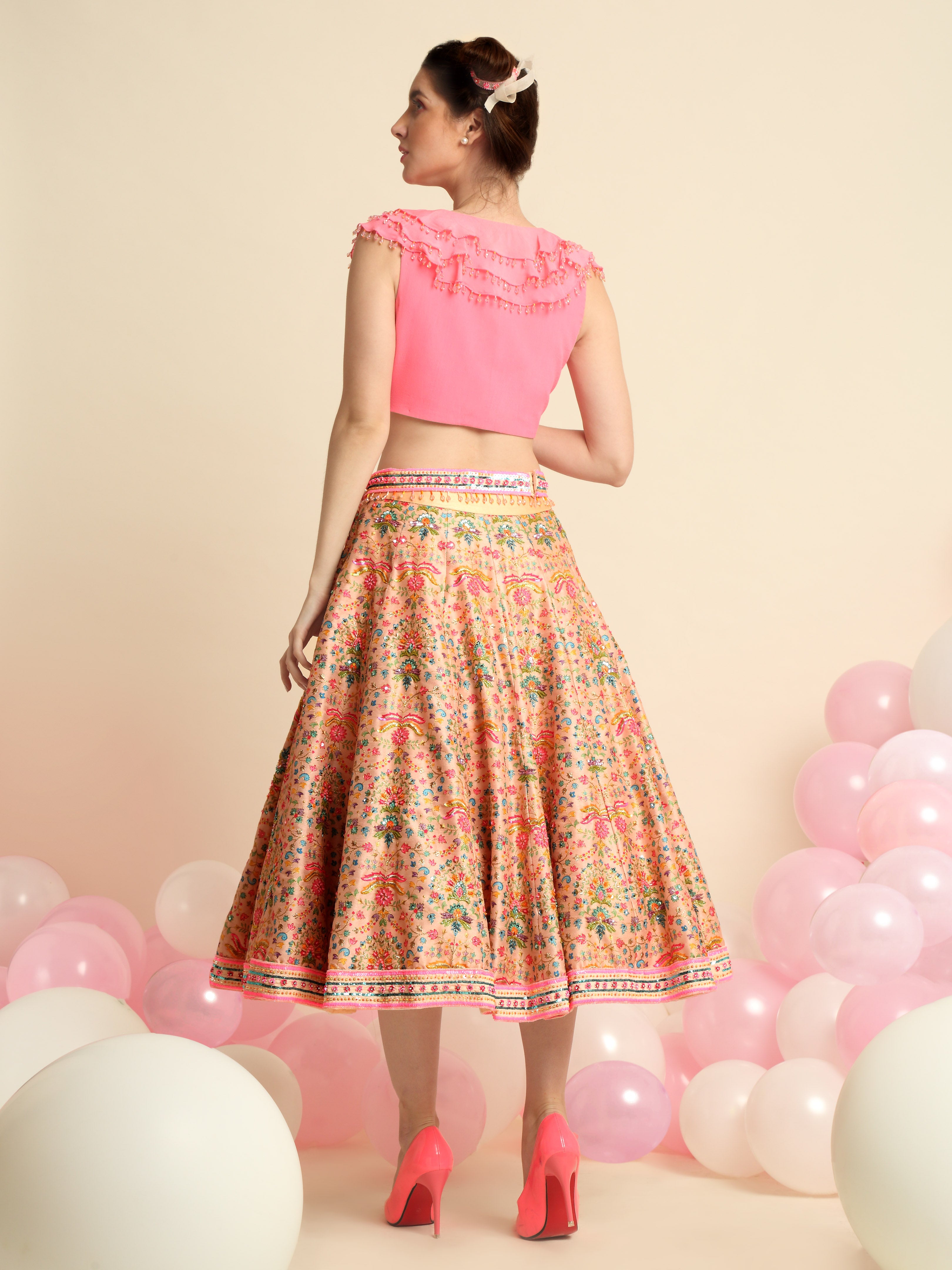 Pink Embroidered Crop Top And Skirt