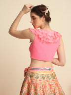 Pink Embroidered Crop Top And Skirt