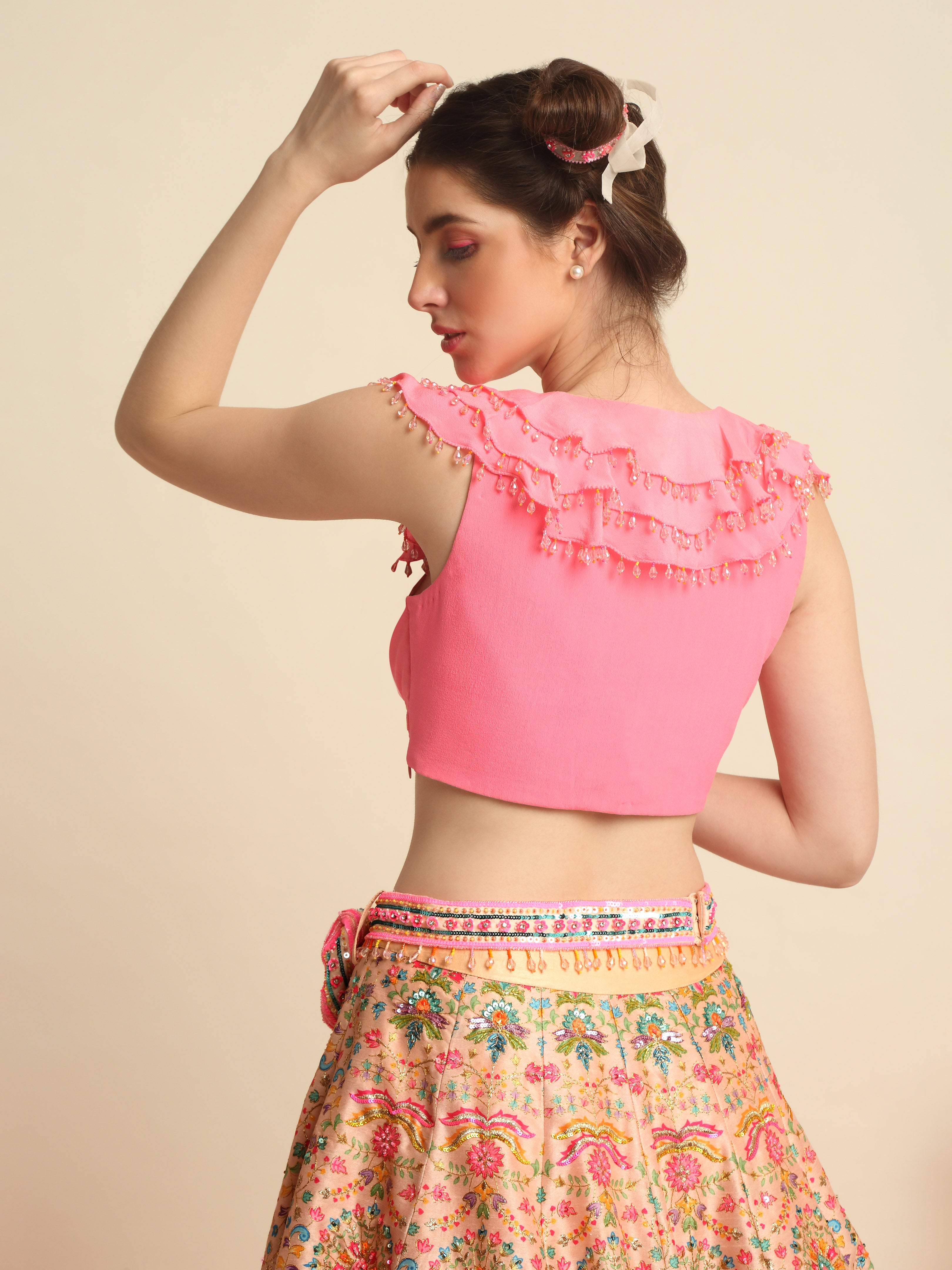 Pink Embroidered Crop Top And Skirt