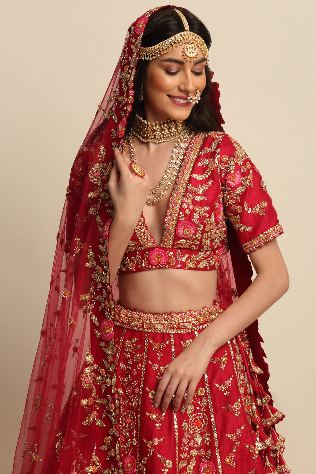 Cherry Red Hand Embroidered Bridal Lehenga Set