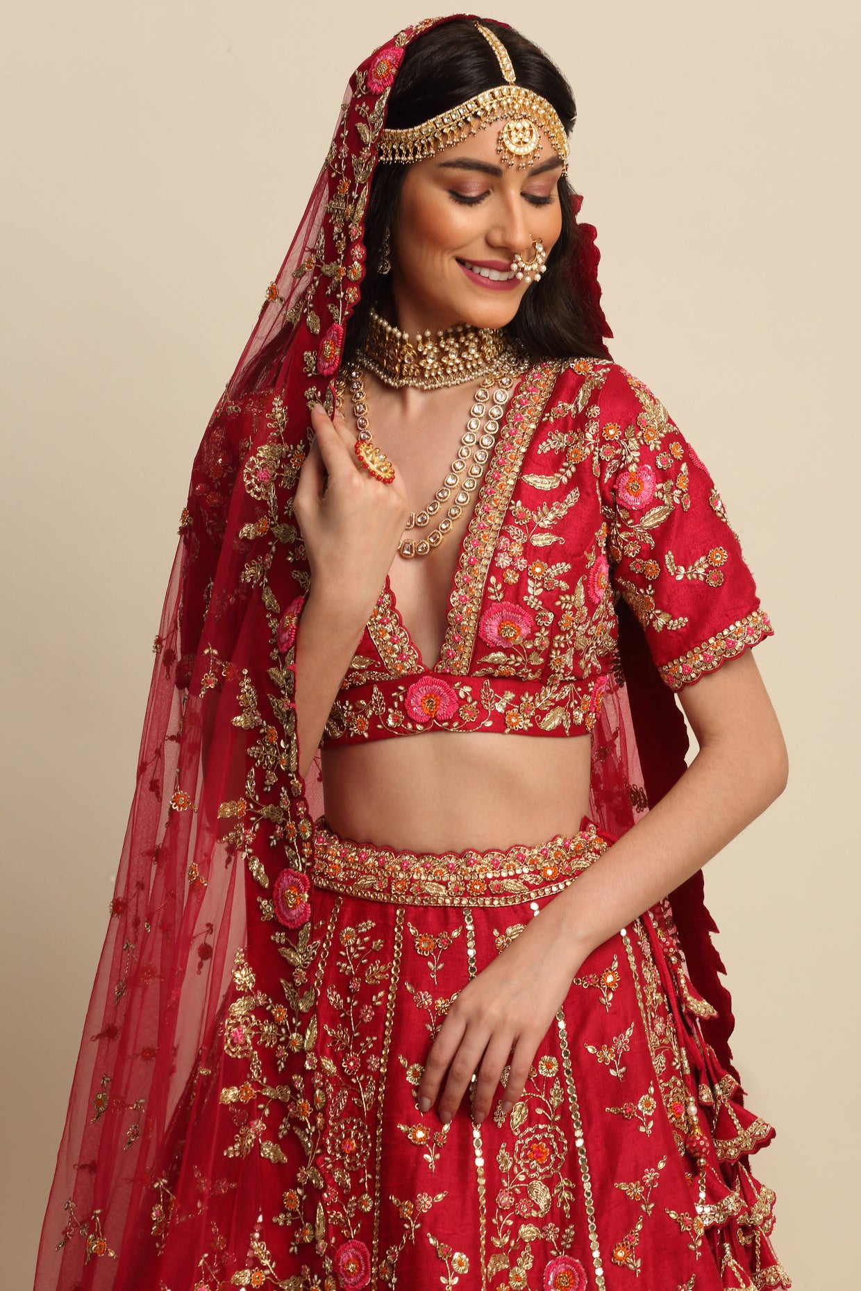 Cherry Red Hand Embroidered Bridal Lehenga Set