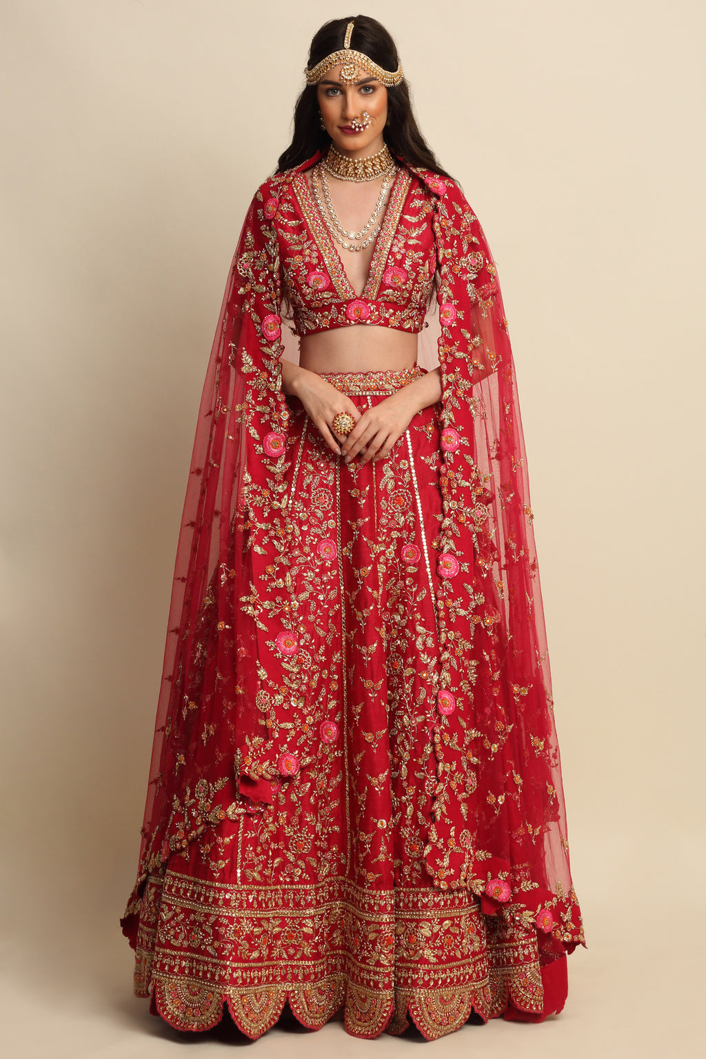 Cherry Red Hand Embroidered Bridal Lehenga Set