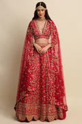 Cherry Red Hand Embroidered Bridal Lehenga Set
