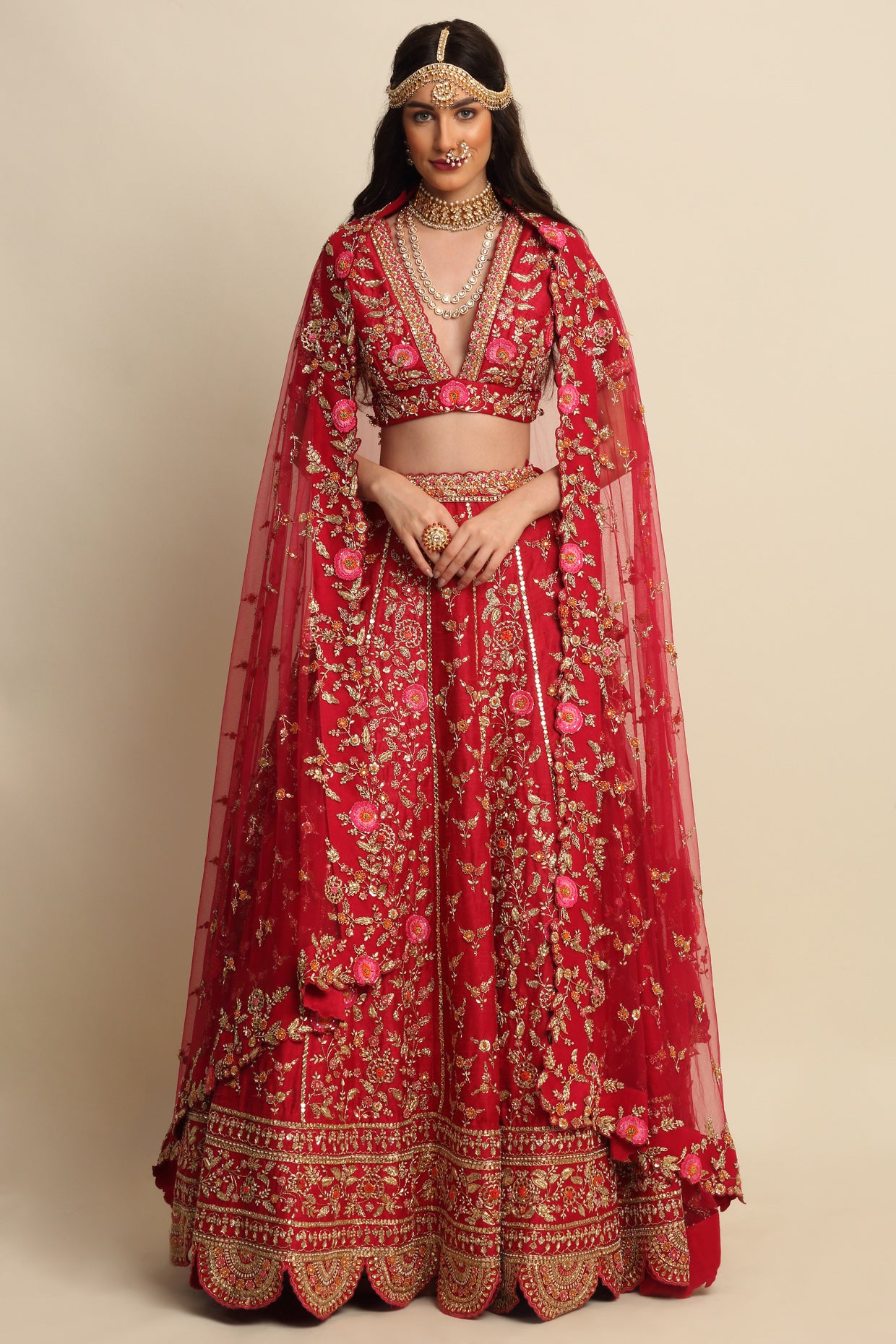 Cherry Red Hand Embroidered Bridal Lehenga Set