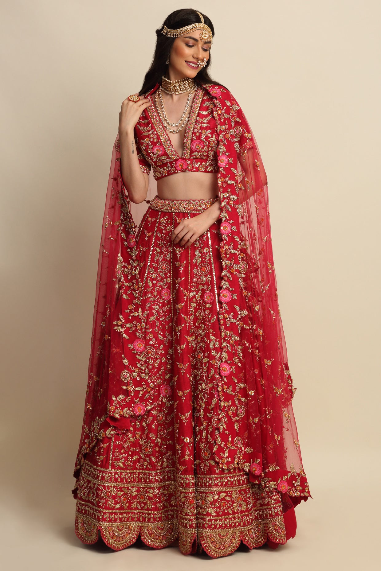 Cherry Red Hand Embroidered Bridal Lehenga Set