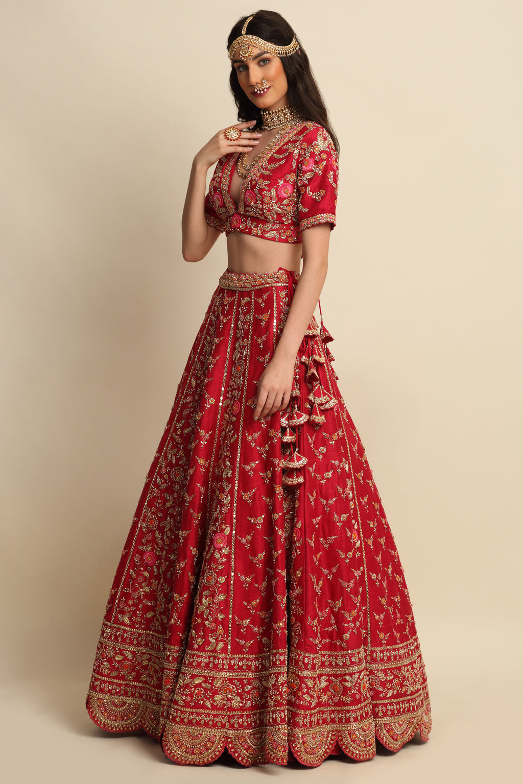 Cherry Red Hand Embroidered Bridal Lehenga Set