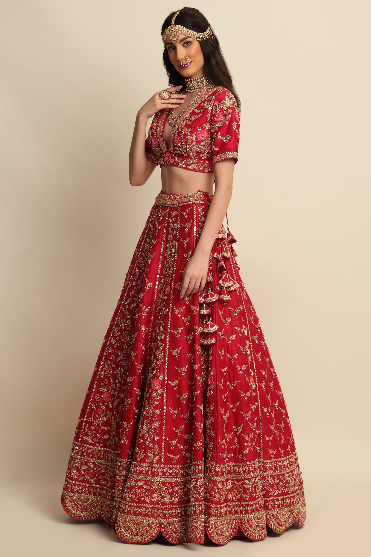 Cherry Red Hand Embroidered Bridal Lehenga Set